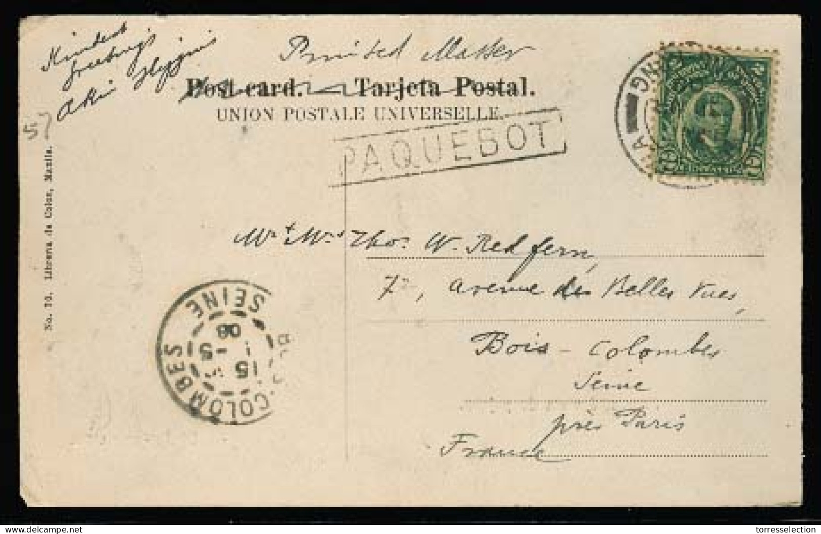 PHILIPPINES. 1908. Manila - France. PPC. Birds View Fkd 2c Hong Kong Cds + Paquebot Box. Vf Unusual Item. - Philippines