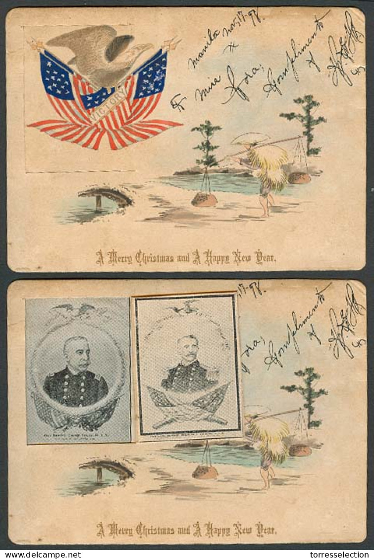 PHILIPPINES. 1898 (17 Nov). Manila Happy Christmas Local Card, Hand Painted + Victory US Flag With Dewey + Riddley Photo - Philippines