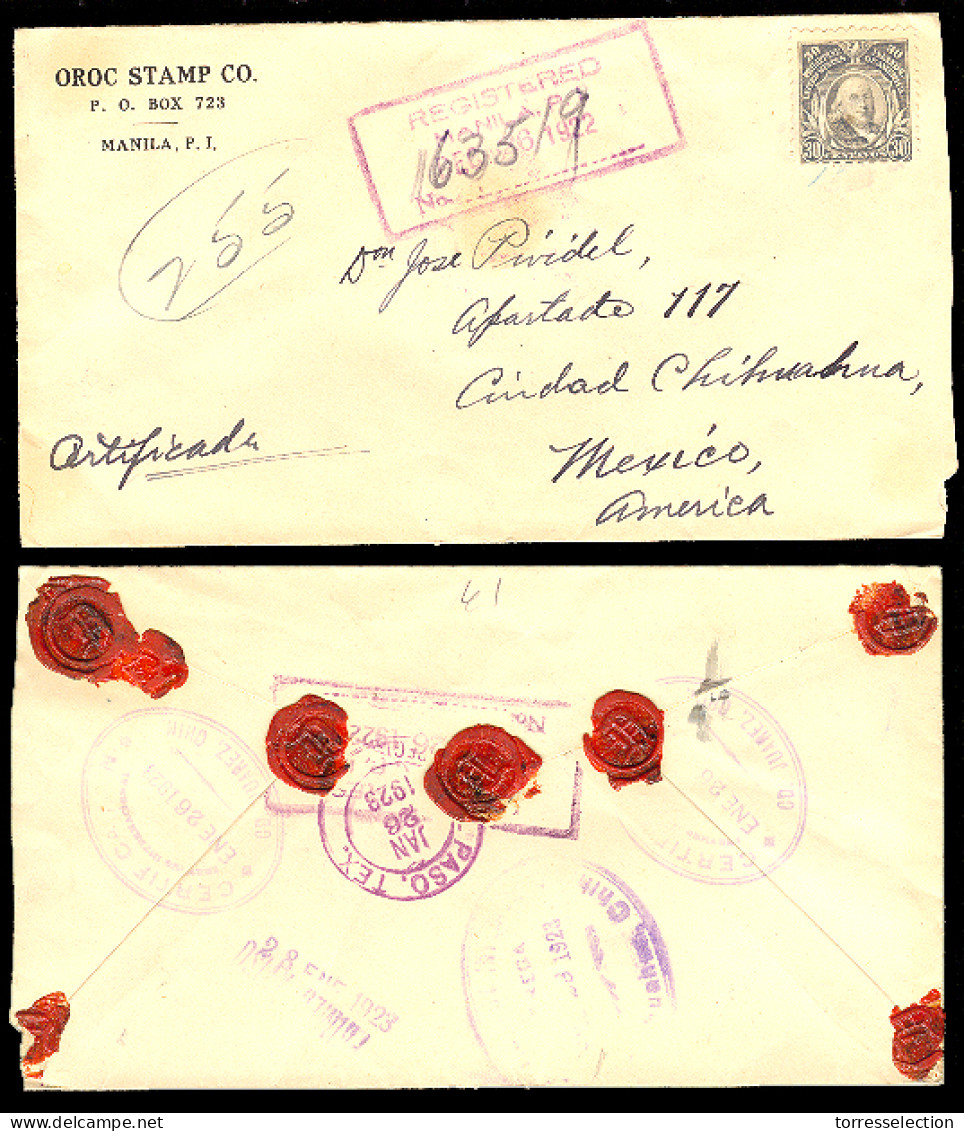 PHILIPPINES. 1922. Manila - Mexico / Chihuahua. Registr Fkd Single 30c Env. Scarce Dest. Via El Paso. - Philippinen