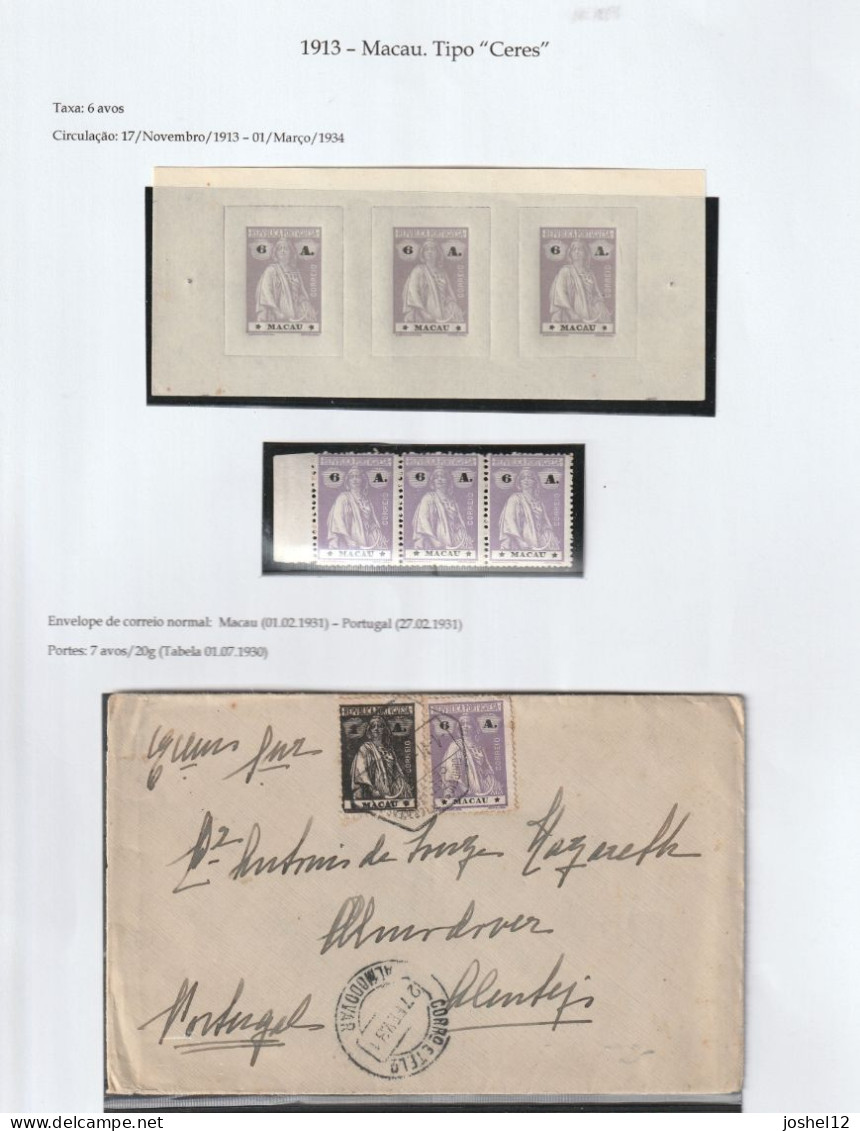 Macau Macao 1913 Ceres 6a Proof (MNH/No Gum) + Stamps (MNH/with Gum) + Used Cover. Fine - Ungebraucht