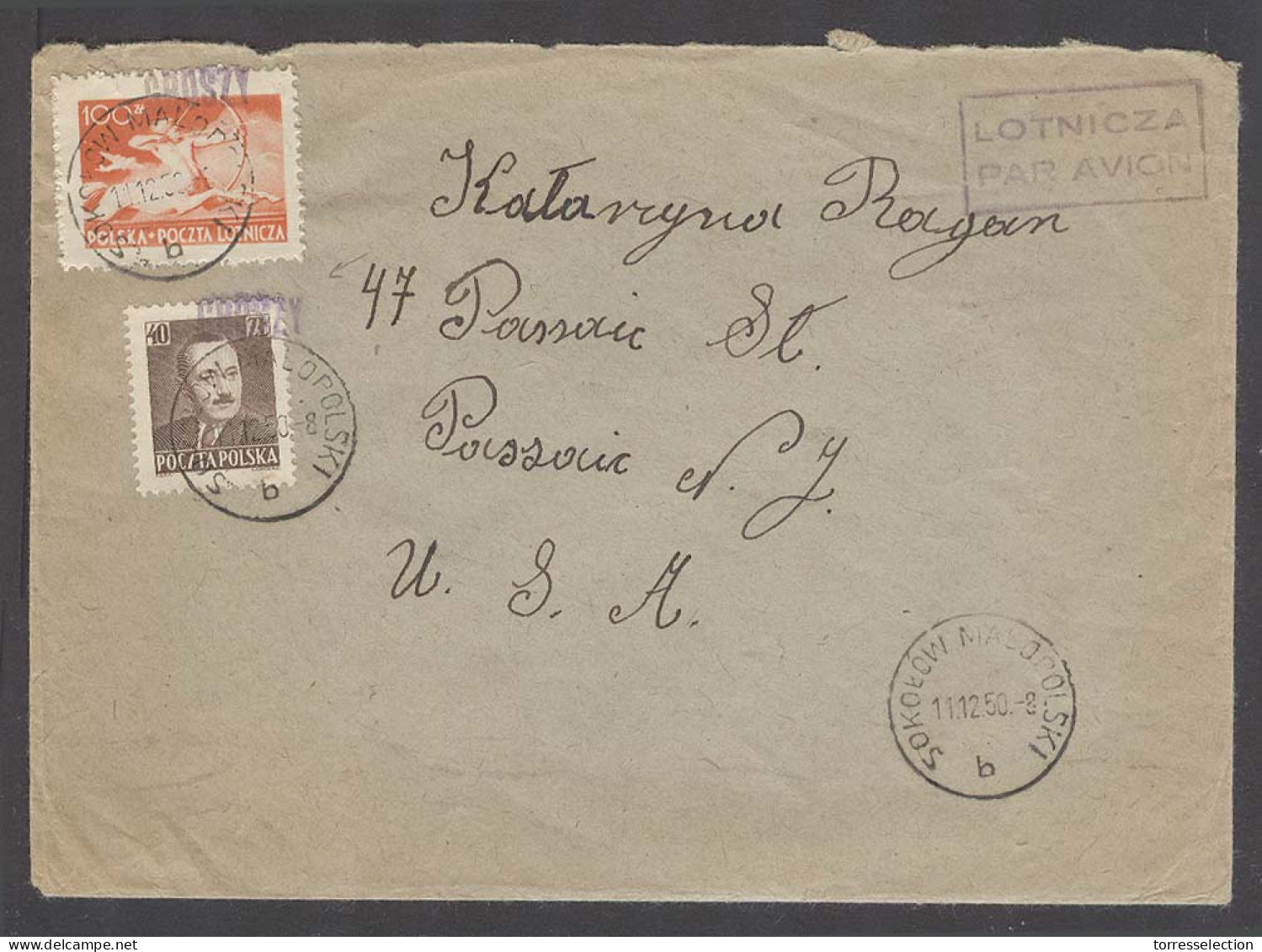 POLAND. 1950 (11 Dec). Groszy. Sokotovi Matopolski - USA. Air Fkd Env With Ovptd Type Placed On Stamps When They Were On - Altri & Non Classificati