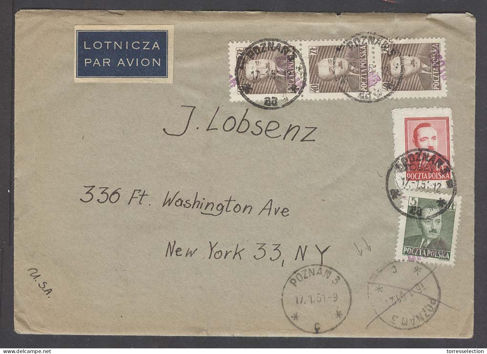 POLAND. 1951 (17 Jan). Groszy. Poznan - USA. Air Multifkd Diff Ovptd Types On Very Early Ovptd Usage Period, With Cancel - Altri & Non Classificati