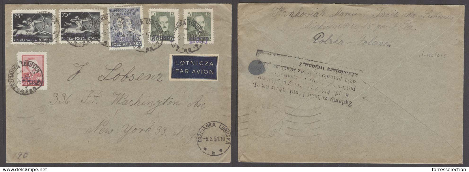 POLAND. 1951 (8 Feb). Groszy. Trzcianka Lubuska - USA / NY. Air Multifkd Small PO Usage Diff Ovptds Types Usage With Spe - Altri & Non Classificati