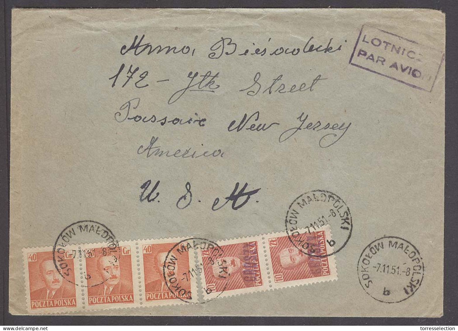 POLAND. 1951 (7 Nnov). Groszy. Sokolow Matopolski - USA / NJ. Air Multifkd Mixed With And Without Ovptd Issues Cds. VF + - Altri & Non Classificati