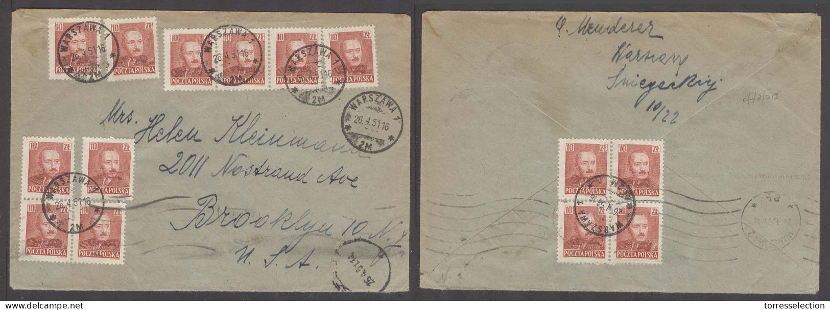 POLAND. 1951 (26 April). Groszy. Warsaw - USA / NY. Air Red Ovptd Type + Block Of Four On Reverse (14 Stamps). Fine Larg - Altri & Non Classificati