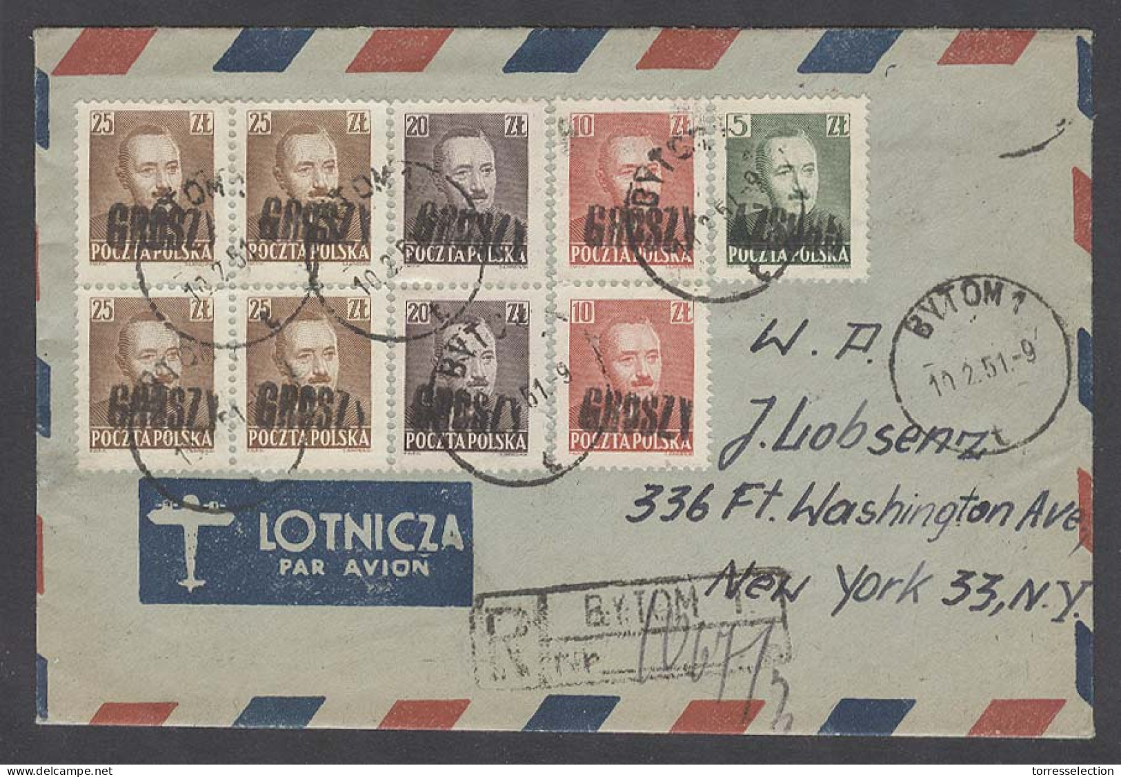 POLAND. 1951 (10 Feb). Groszy. Bytom - USA (17 Feb). Reg Air Multifkd Block Ovptd Large Type Stamps Env. VF. - Altri & Non Classificati