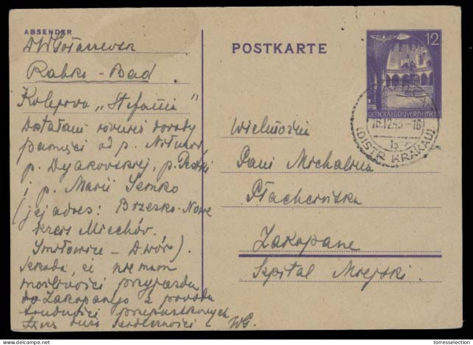 POLAND. 1943 (16 Dec). Rabka / Krakan - Zakopane. 12c Lilac Nazi Occup Stat Oval. VF. - Altri & Non Classificati