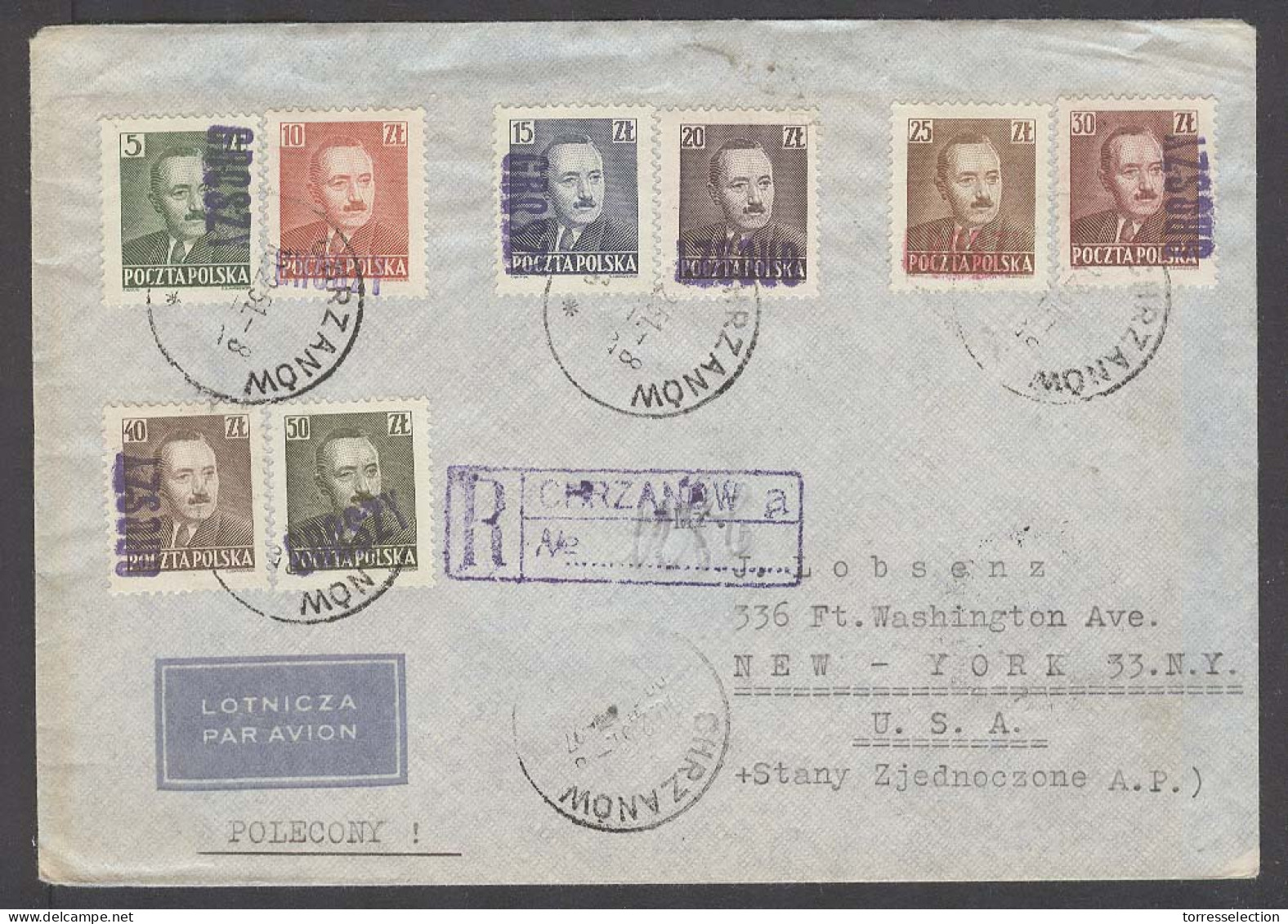 POLAND. 1951 (10 Feb). Groszy. Chrzanow - USA / NY (15 Feb). Reg Multifkd Env, Large Type Ovptd In Diff Colors. VF. - Altri & Non Classificati