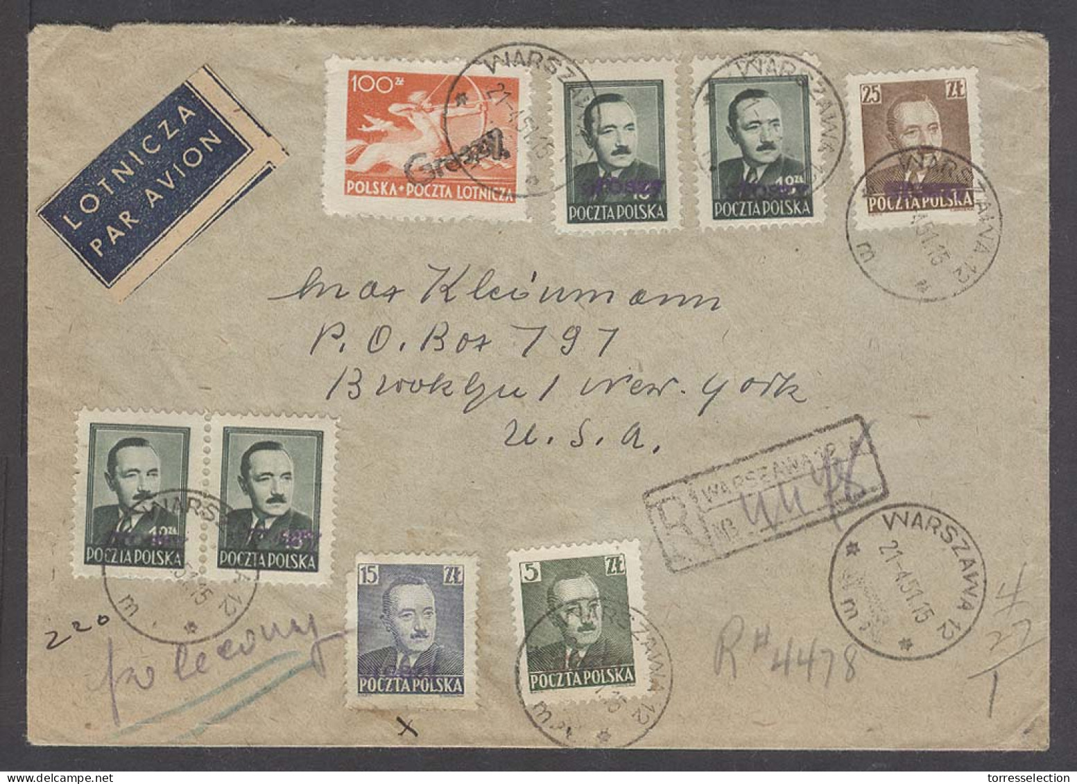 POLAND. 1951 (21 April). Groszy Ovptd. Warsaw - USA (NY 26 April). Ar Reg Multifkd Mixed Color Issue. - Altri & Non Classificati