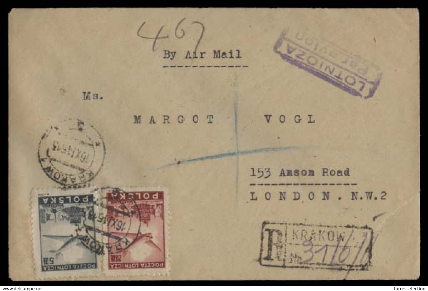 POLAND. 1945 (16 Nov). Krakov - UK. Reg Air Multifkd Env. Fine. - Altri & Non Classificati