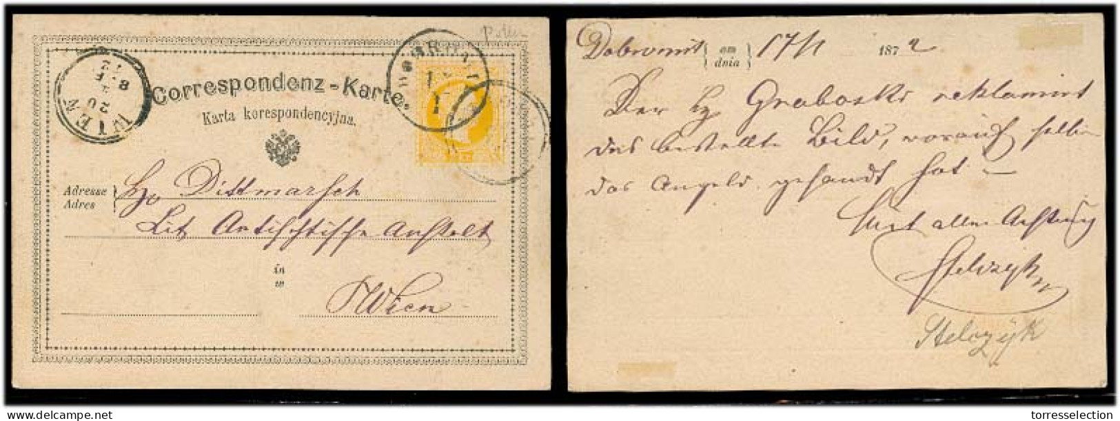 POLAND. 1872. Dobromil / North East Poland - Wien. 1st Issue Bilingual Austria Stat Card. Polish Cancel (12 Mp). - Altri & Non Classificati