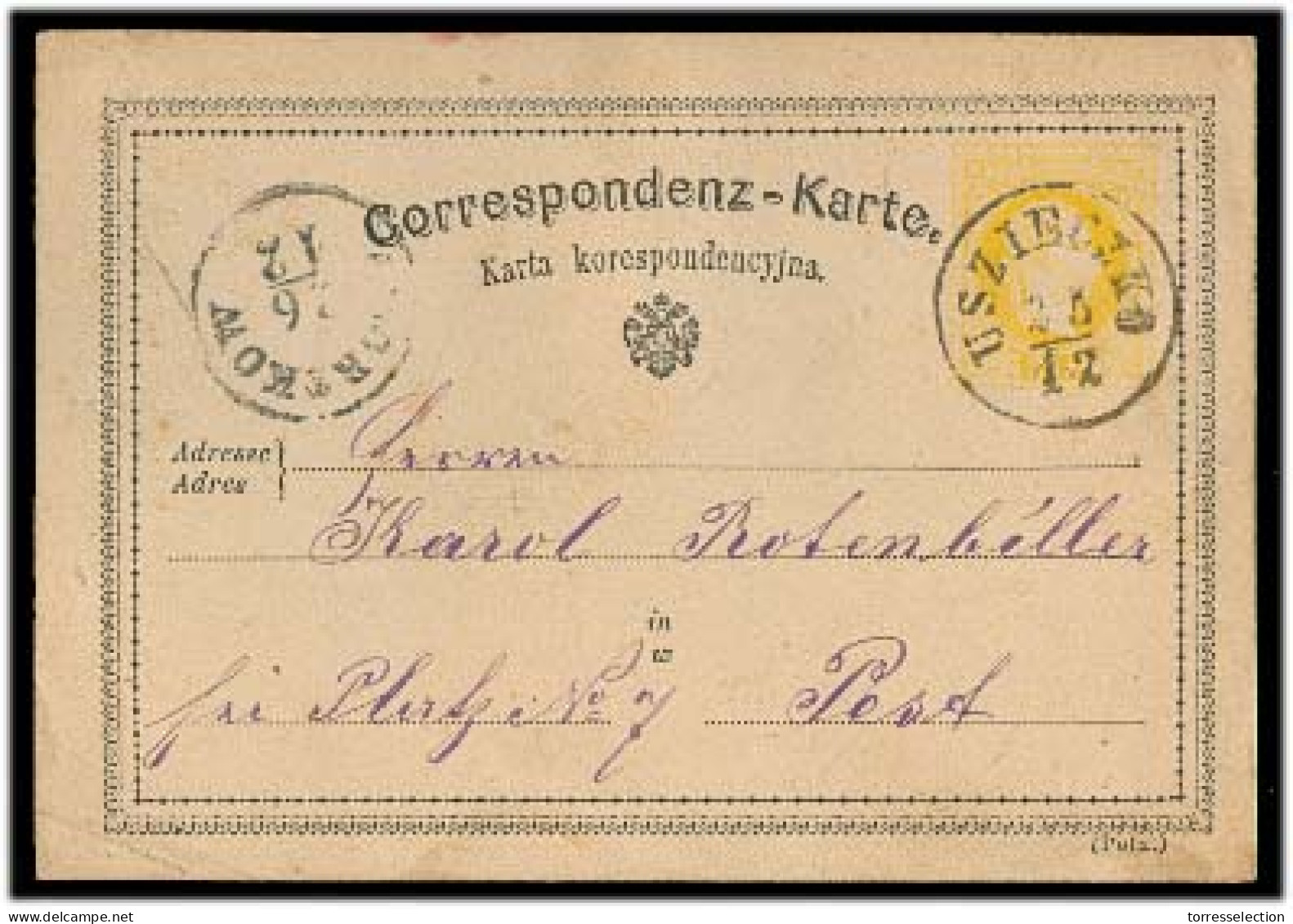 POLAND. 1875. Uszieczko / Driester - Pest / Hungary. 1st Issue Austria Bilingual (Polish) Stat Card / Central Cds (35 Mp - Altri & Non Classificati