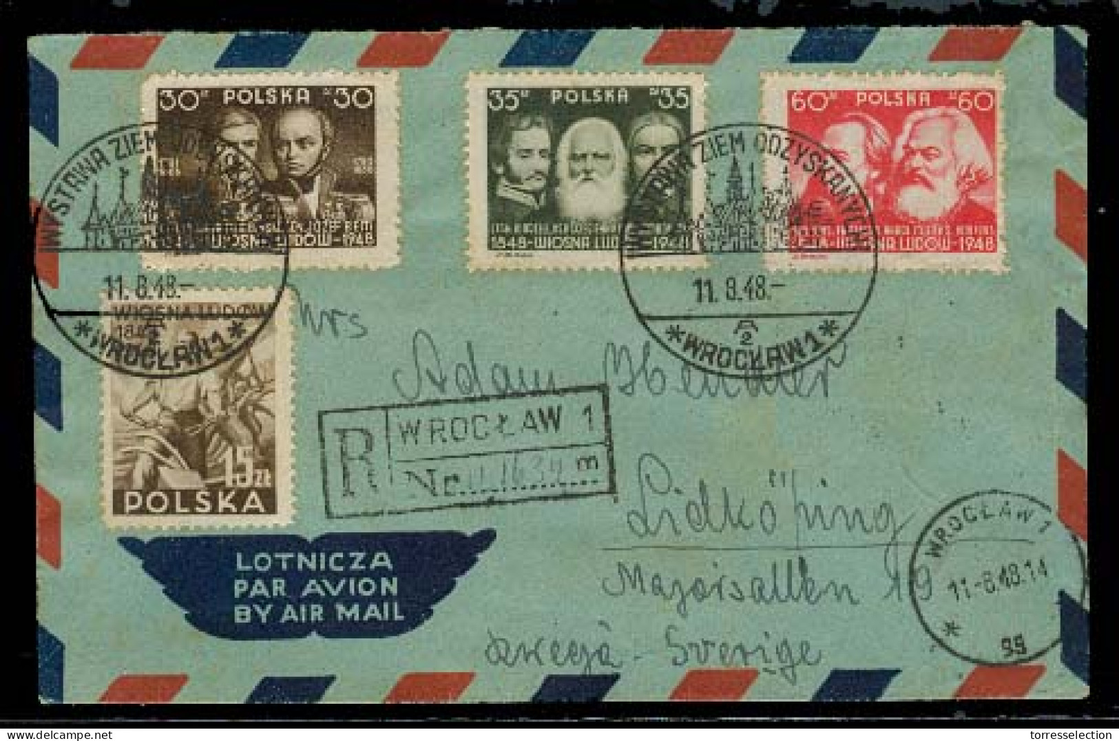 POLAND. 1948 (11 Aug). Wrodaw - Sweden. Air Reg Multifkd Env + Arrival Cds. Fine Marx Issue. - Altri & Non Classificati