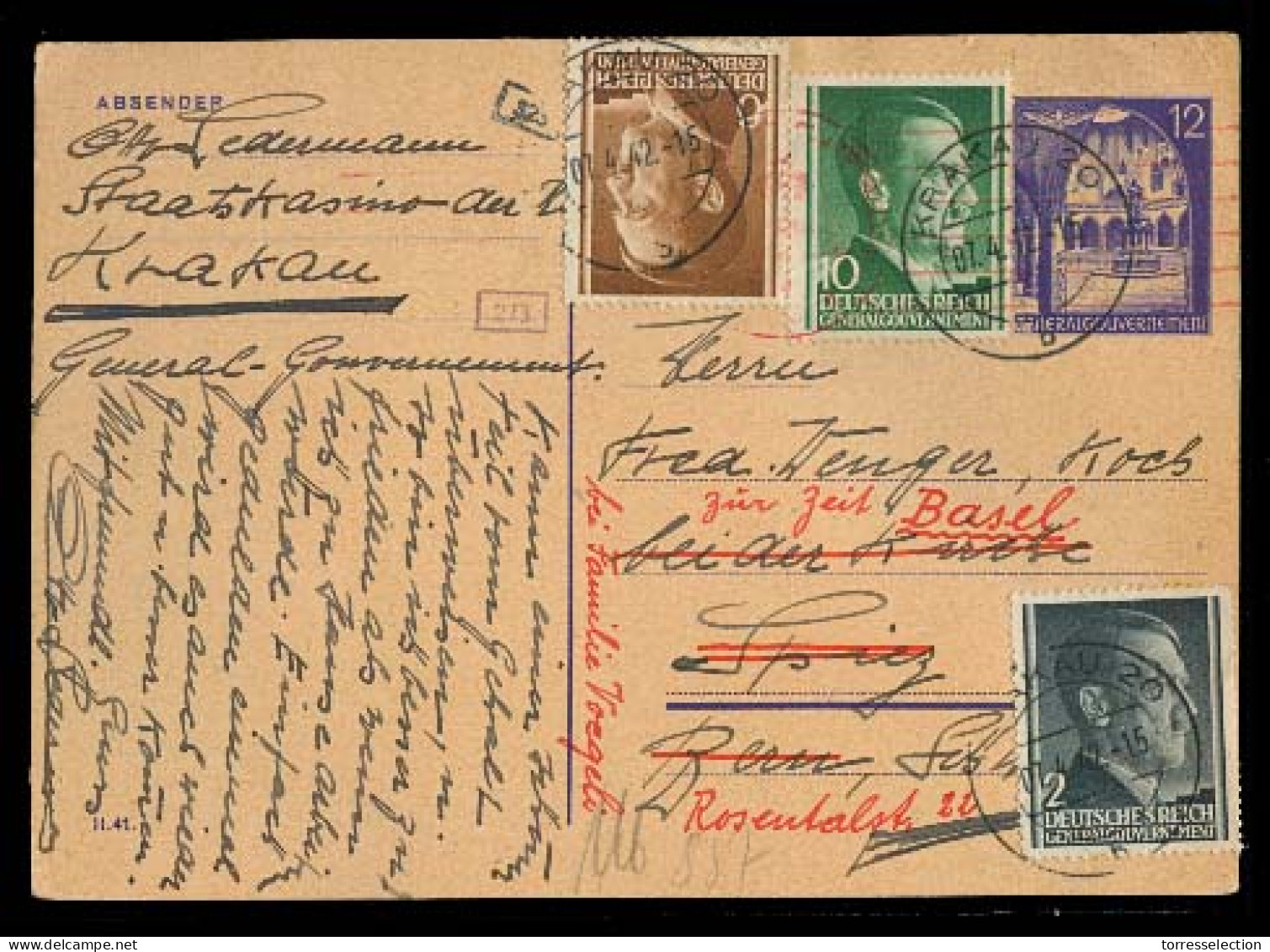 POLAND. 1942 (7 April). Krakau - Switzerland 12p Violet Stat Card + 3 Hitler Stamps Adtl / Tied + Fwded. Fine. - Altri & Non Classificati