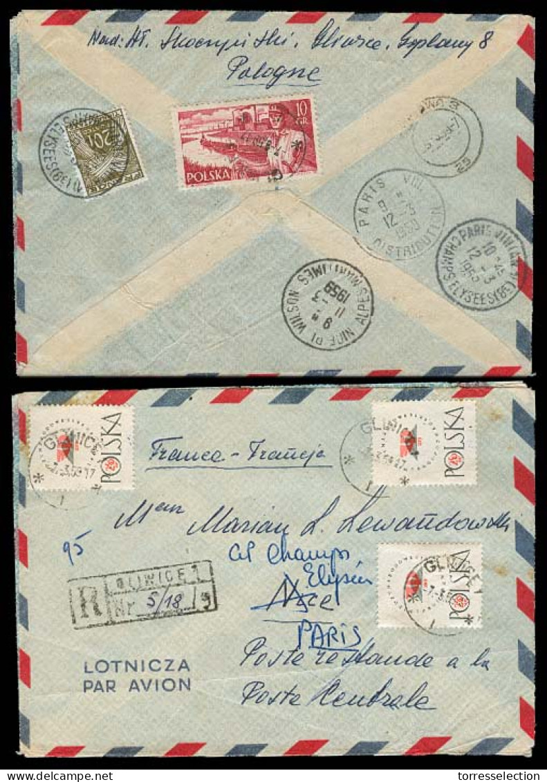 POLAND. 1959. Glwice - France. Reg Airmultifkd Env + Poste Restante / French P Due 20fr Tied. - Altri & Non Classificati