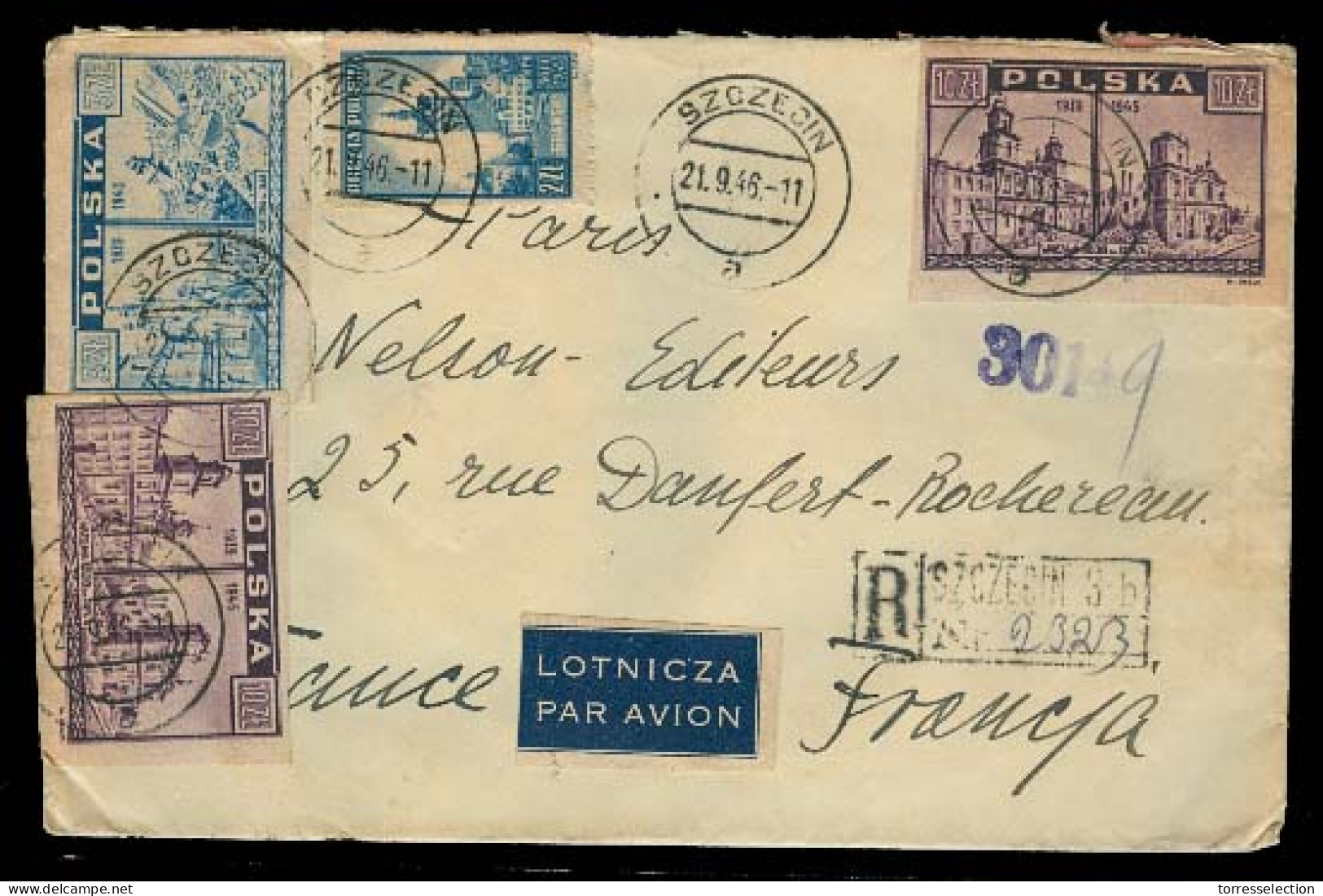 POLAND. 1946 (21 Sept). Szazecin - France. Reg Air Multifkd Env. Imperf Issues. Arrival Reverse. Fine. - Altri & Non Classificati