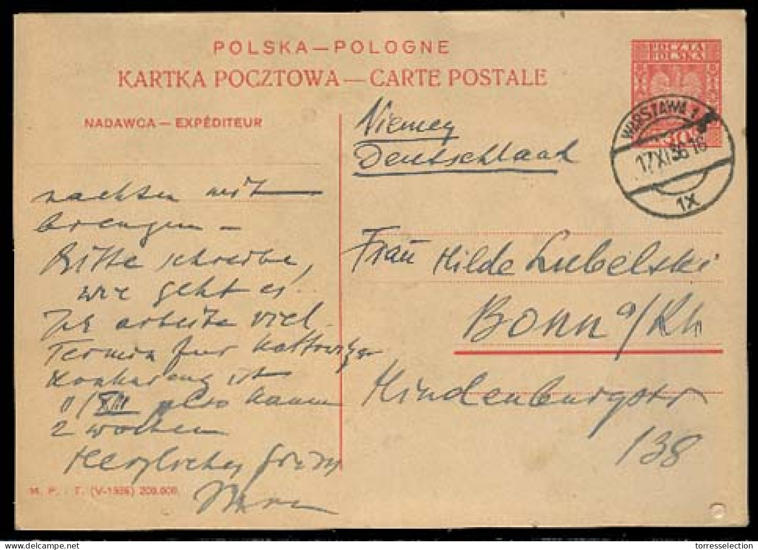 POLAND. 1936 (17 Nov). Warsaw - Germany / Bonn. 30c Red Stat Card Used. - Altri & Non Classificati