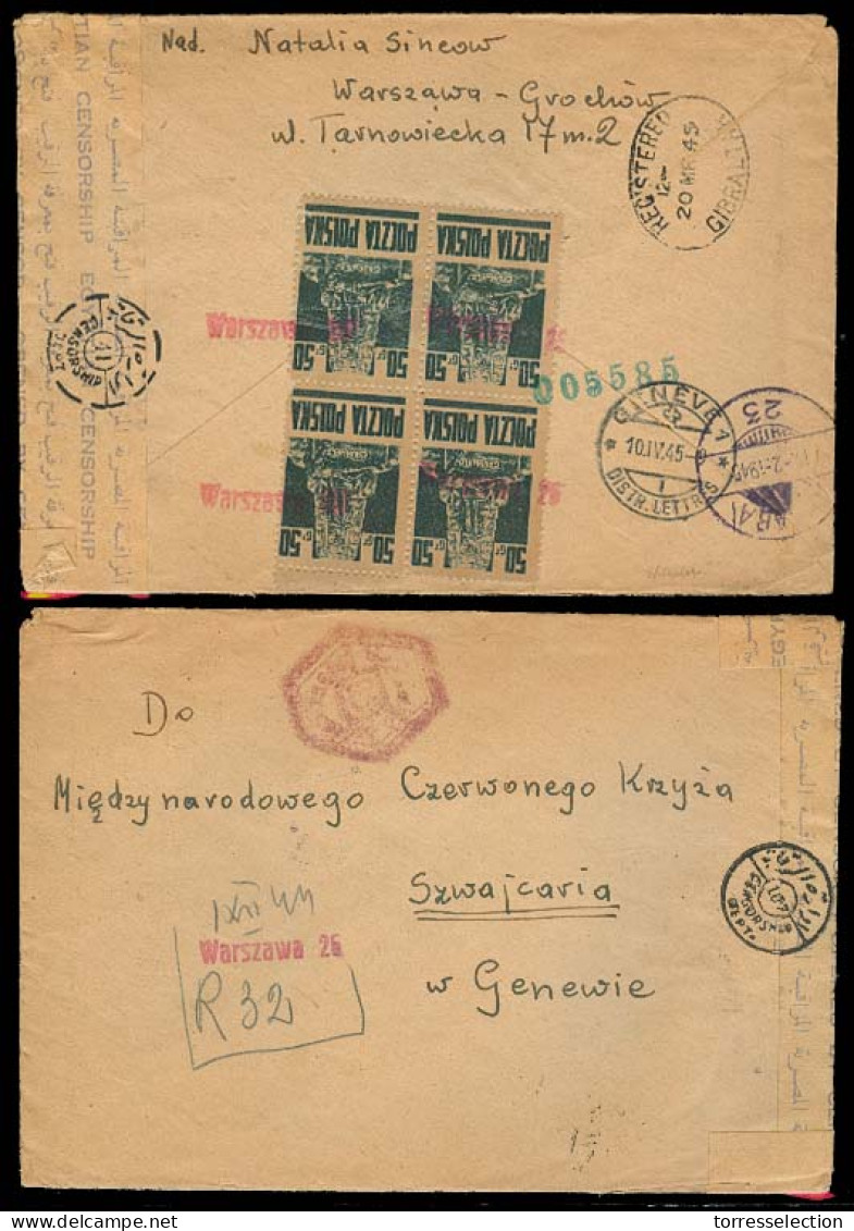 POLAND. 1945 (Feb). POLAND - EGYPT - GIBRALTAR - SWITZERLAND. Warsaw - Switzerland / Red Cross. Reg Reverse Fkd Env Bloc - Altri & Non Classificati