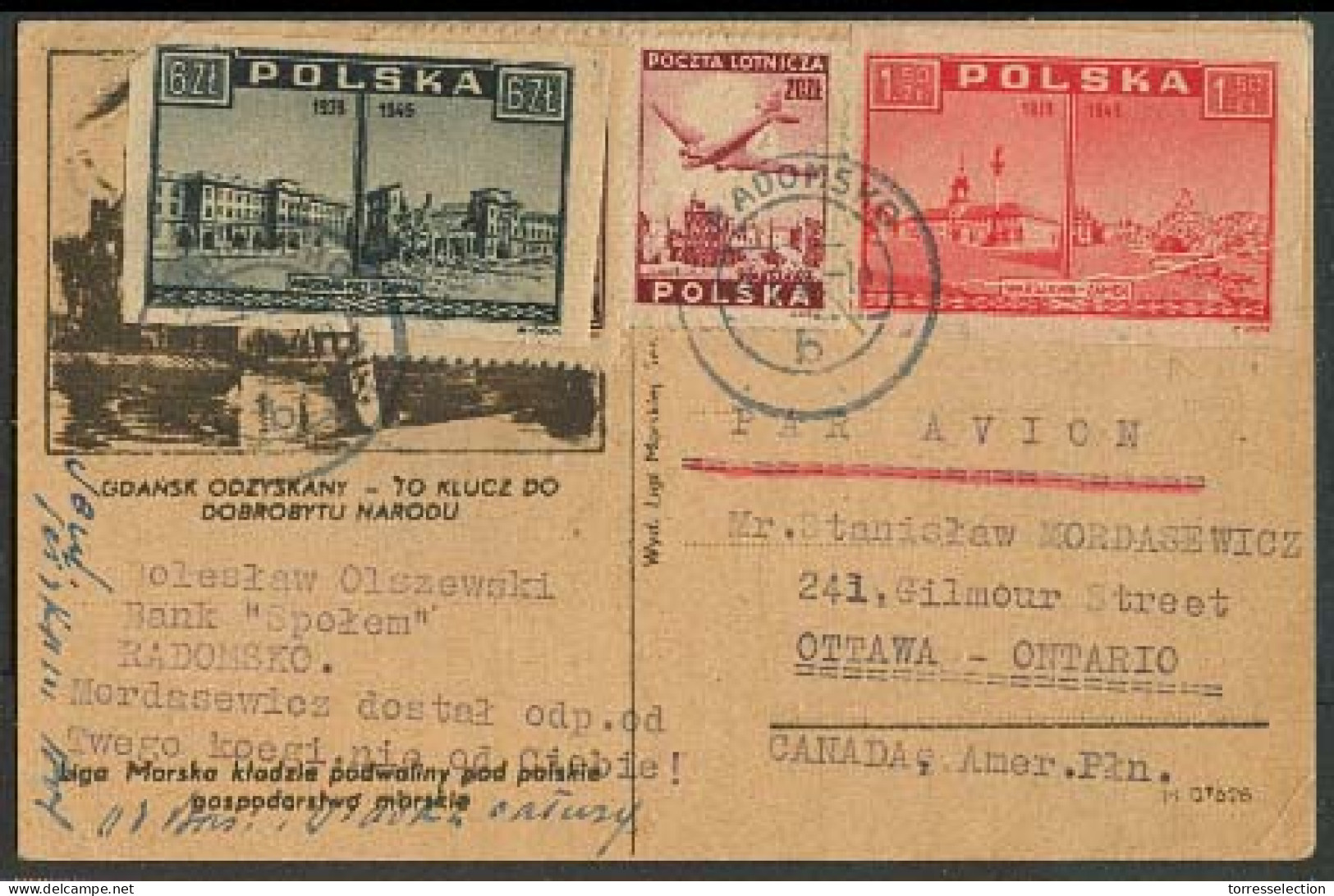 POLAND. 1946 (1 June). Radomsko - Canada. Air Multifkd View Card. Nice. - Altri & Non Classificati