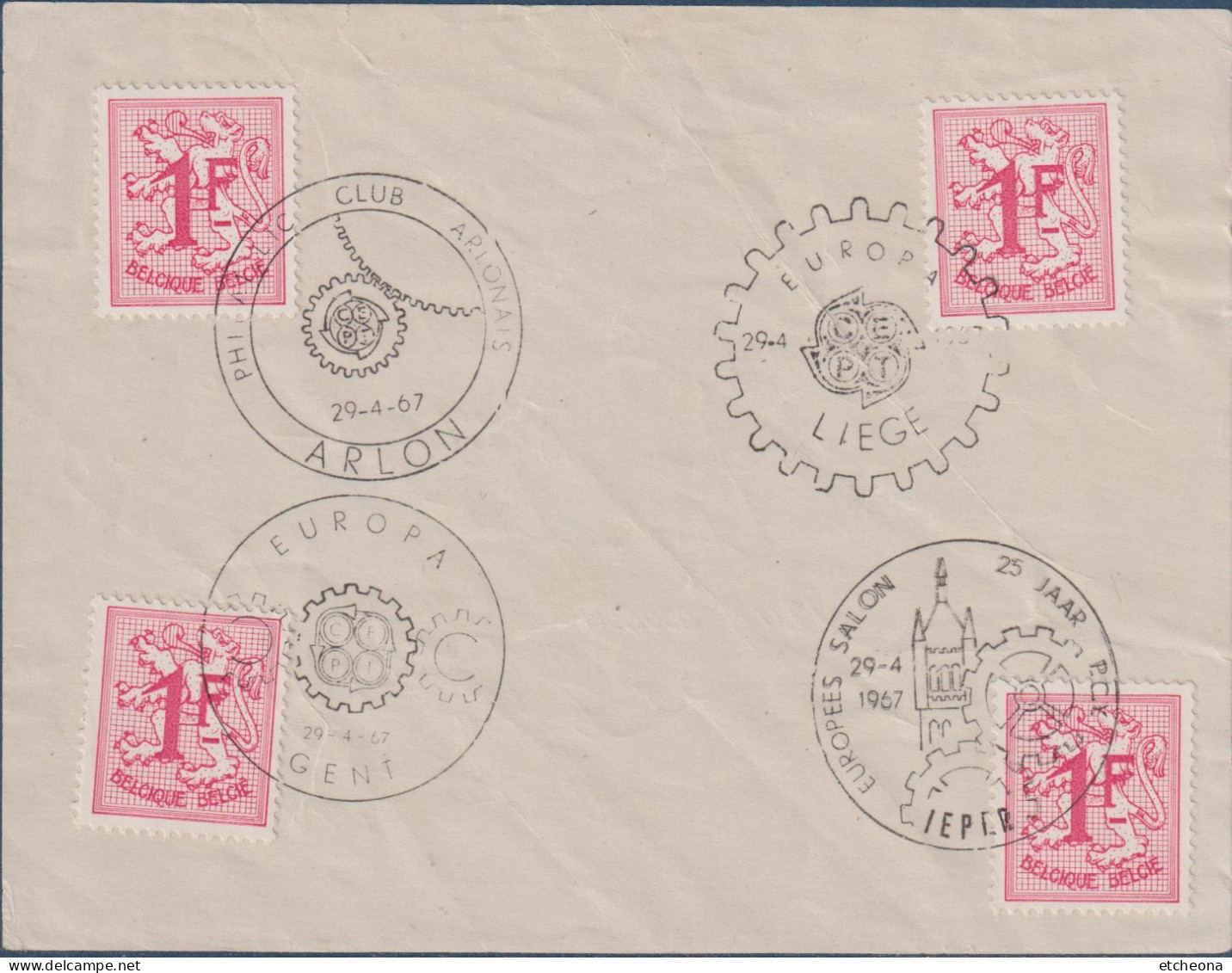 Belgique Timbre Lion Debout 1F Oblitéré Sur Fragment Papier 29.4.67 Avec 4 Oblitérations Différentes - 1951-1975 Lion Héraldique