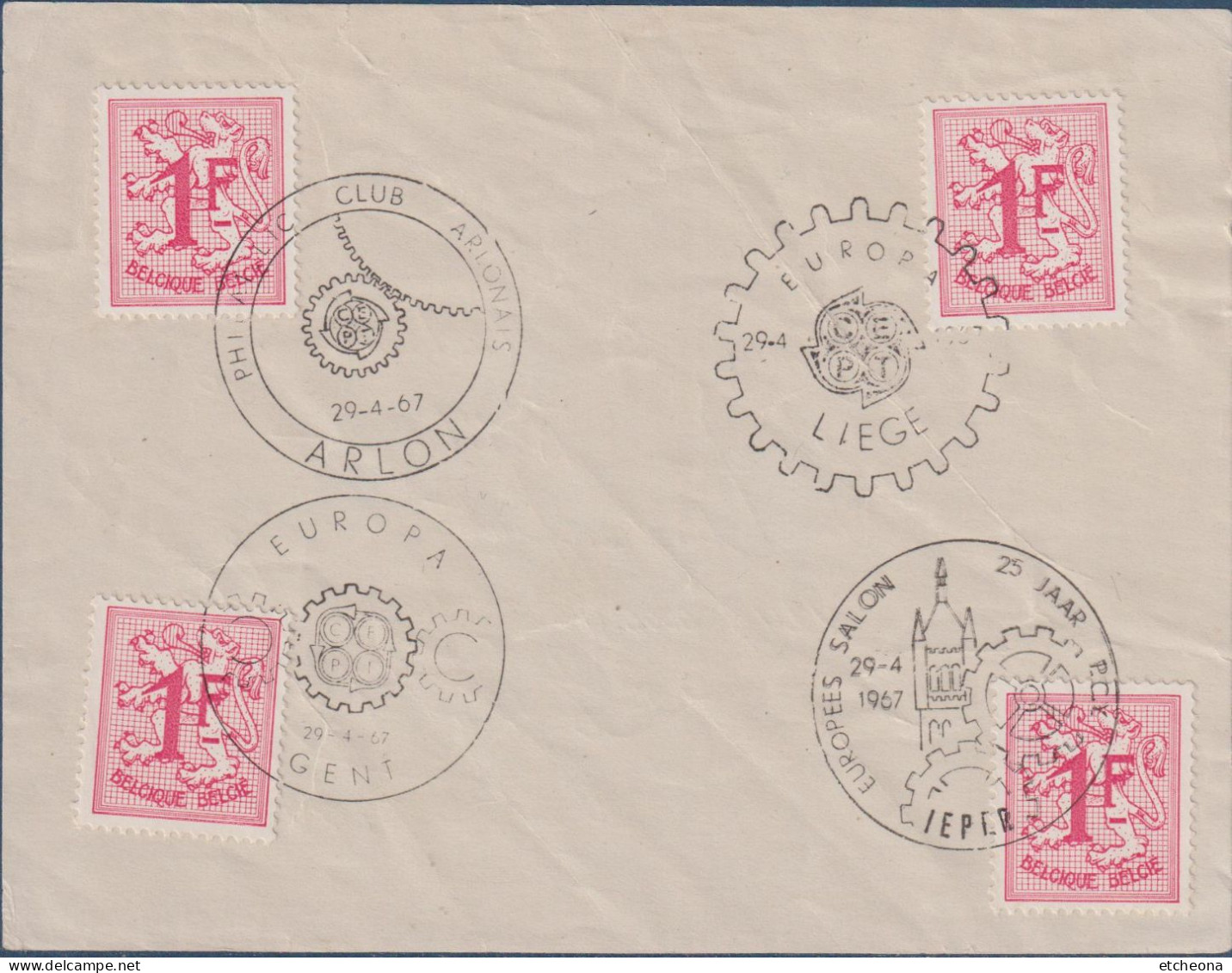 Belgique Timbre Lion Debout 1F Oblitéré Sur Fragment Papier 29.4.67 Avec 4 Oblitérations Différentes - 1951-1975 Heraldischer Löwe (Lion Héraldique)