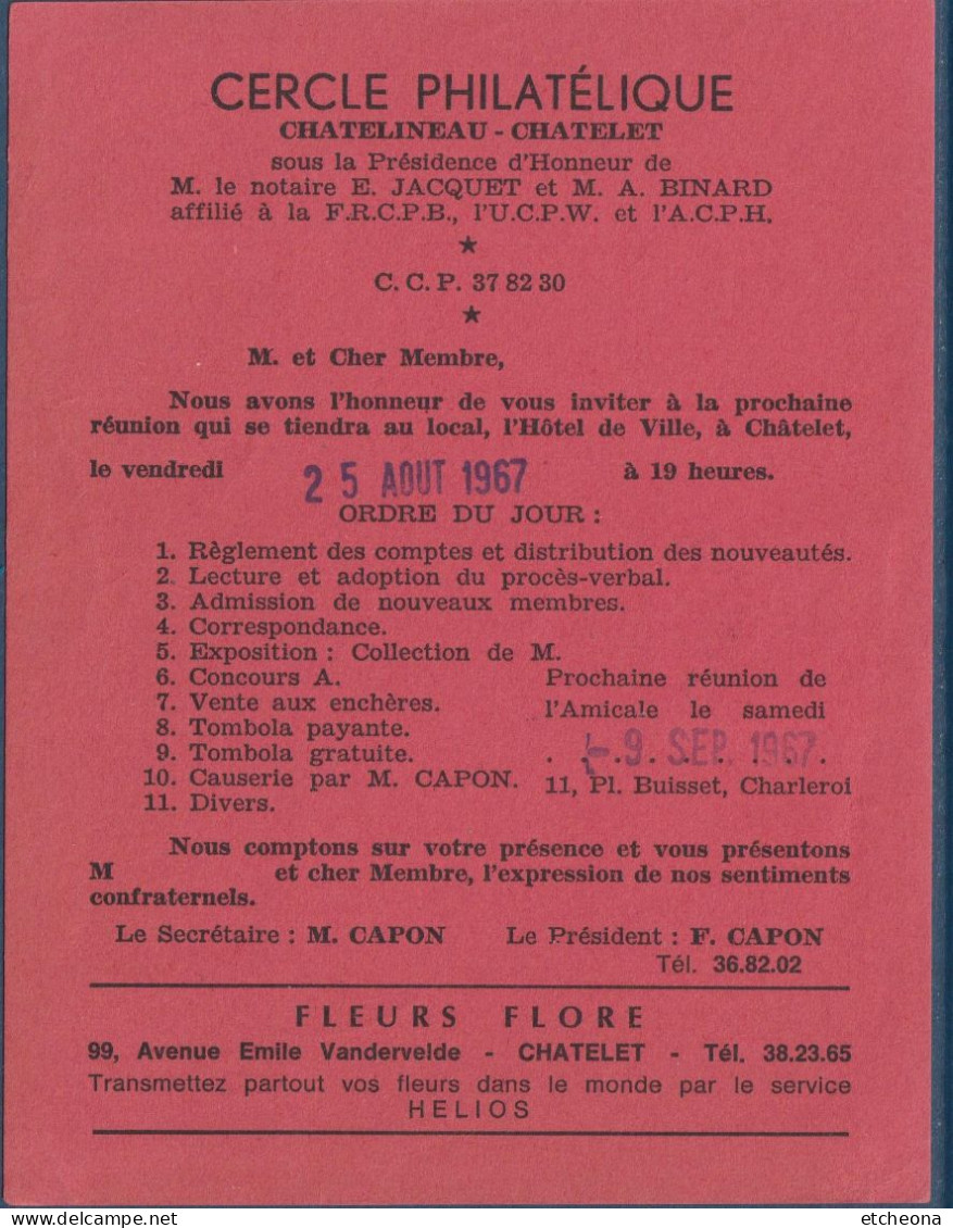 Belgique Timbre Lion Debout 1F Oblitéré Sur Invitation Réunion 25.8.67 Avec Oblitérations Différentes 3.6.67 Et 4.6.67 - 1951-1975 Leone Araldico