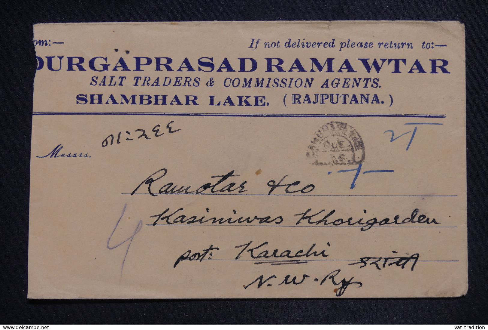 INDES ANGLAISES - Enveloppe Commerciale De Shambar Lake Pour Karachi En 1946, Affranchissement Au Verso - L 150710 - 1936-47  George VI