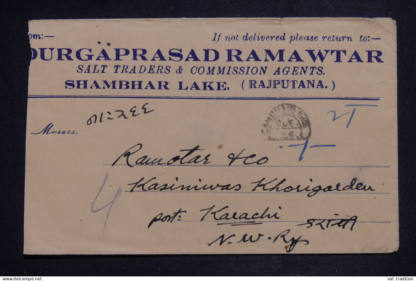 INDES ANGLAISES - Enveloppe Commerciale De Shambar Lake Pour Karachi En 1946, Affranchissement Au Verso - L 150710 - 1936-47 Roi Georges VI