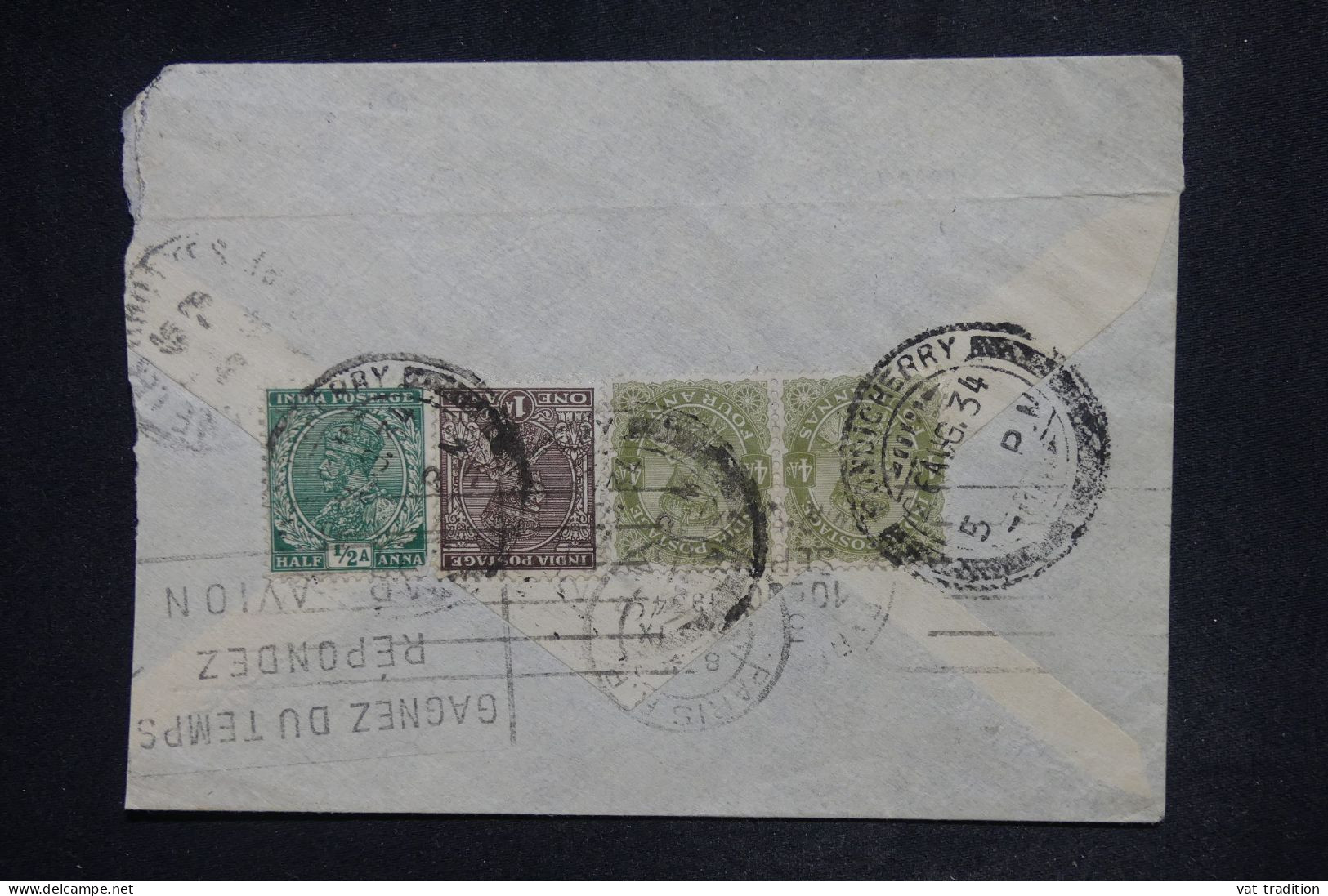 INDES ANGLAISES - Enveloppe De Pondichéry Pour La France En 1934, Affranchissement Au Verso - L 150711 - 1911-35 Koning George V