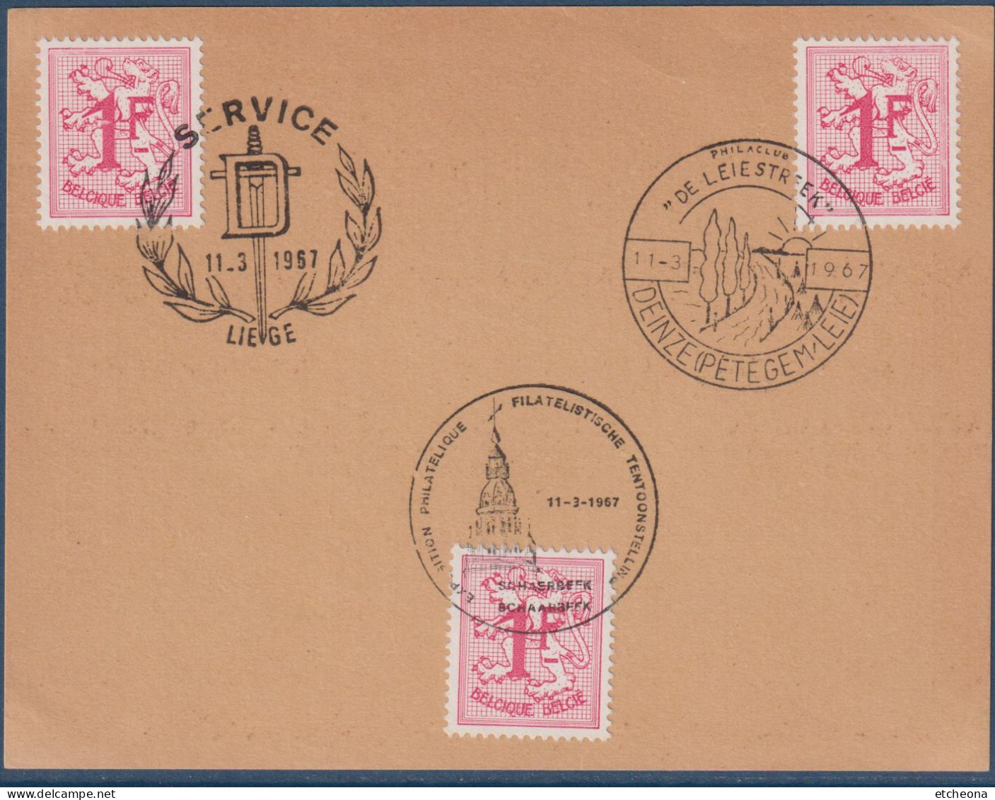 Belgique Timbre Lion Debout 1F Oblitéré Sur Invitation Réunion 21.4.67 Avec 3 Oblitérations Différentes 11.3.67 - 1951-1975 León Heráldico