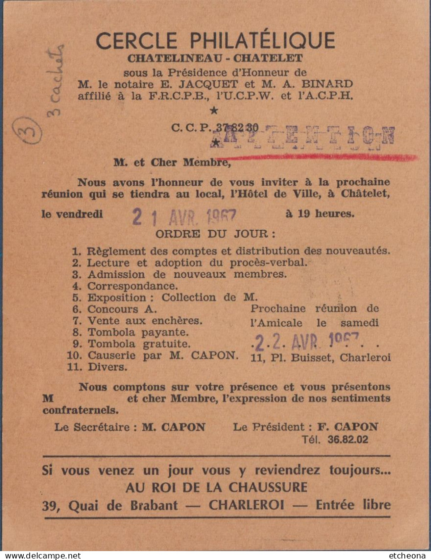 Belgique Timbre Lion Debout 1F Oblitéré Sur Invitation Réunion 21.4.67 Avec 3 Oblitérations Différentes 11.3.67 - 1951-1975 Heraldischer Löwe (Lion Héraldique)