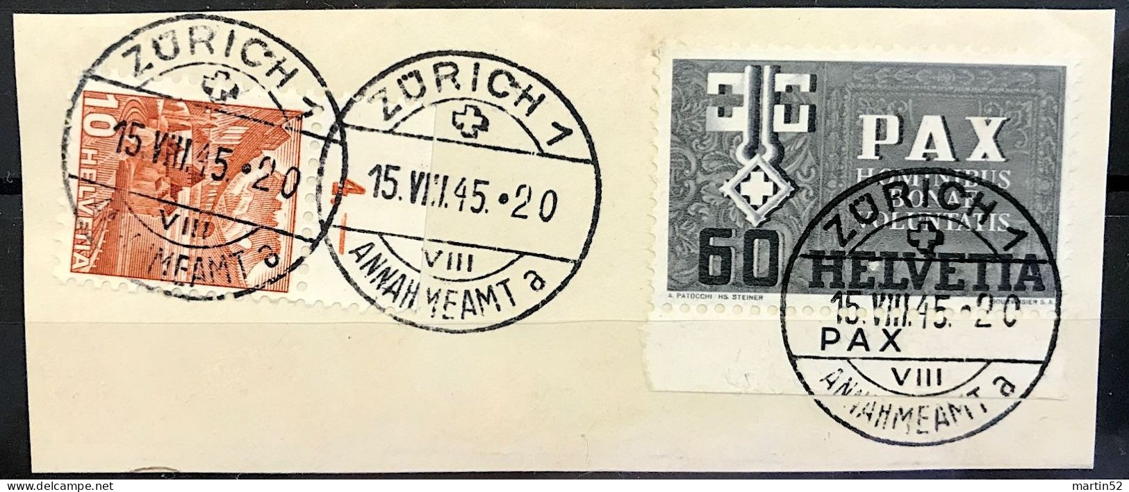 Schweiz Suisse PAX 1945: Schlüssel Clef Zu 268 Mi 453 Yv 412+Tab PAX Mit Voll-⊙ ZÜRICH 15.VIII.45 (Zumstein CHF 18.00) - Oblitérés