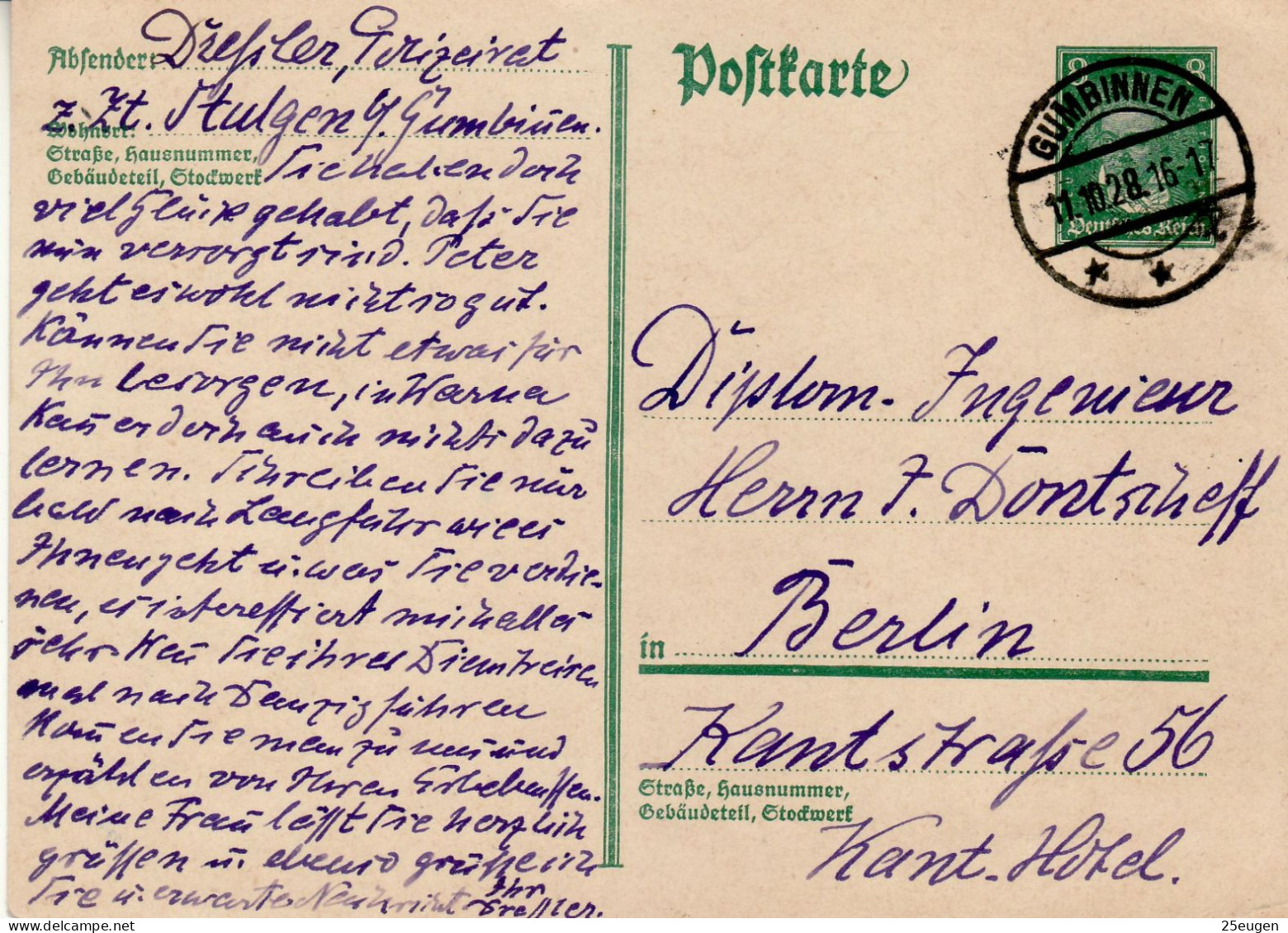 GERMANY WEIMAR REPUBLIC 1928 POSTCARD  MiNr P 176 SENT FROM GUMBINNEN TO BERLIN - Postcards