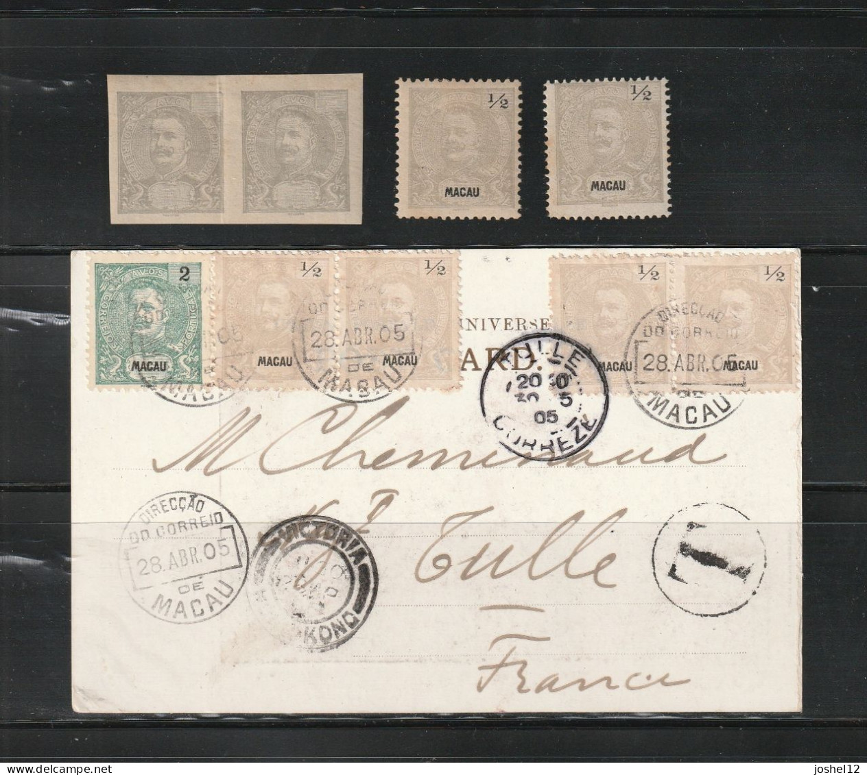 Macau Macao 1898 King Carlos 1/2a Proof (MH/with Gum) + Stamps P11.5/P12.5 (MH/with Gum) + Underpaid Postcard. Fine - Neufs