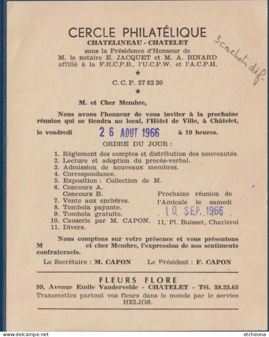 Belgique Timbre Lion Debout 60c Oblitéré Invitation Réunion 26.8.66 Oblitérations Différentes 2.4.66, 19.4.66, 30.4.66 - 1951-1975 Heraldischer Löwe (Lion Héraldique)