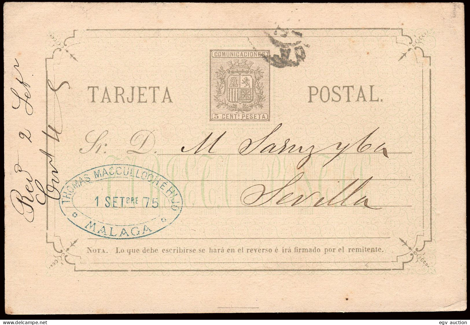 Málaga - Edi O EP 7Aa - Entero Postal Castaño Lila, Fondo Verde De Málaga A Sevilla - 1850-1931