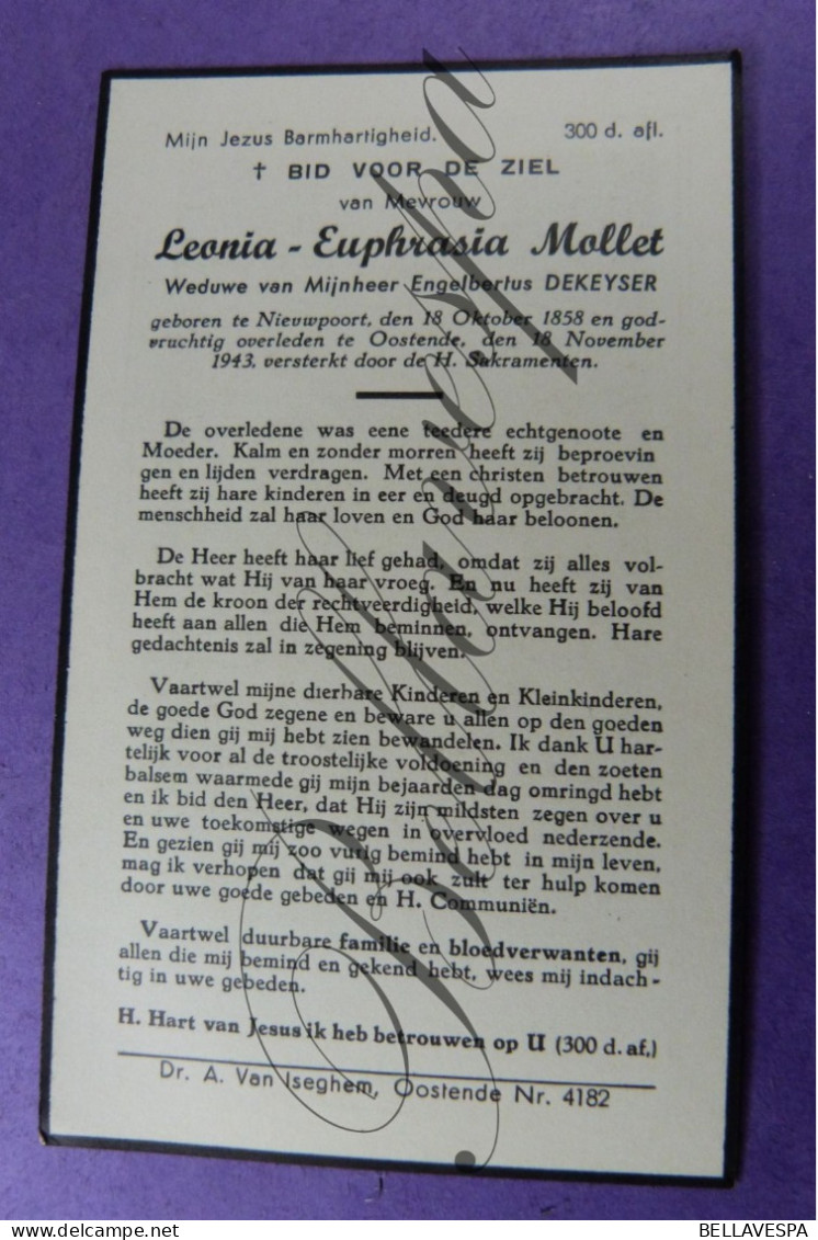 (Engelbertus DEKEYSER Echt) Leonia MOLLET Nieuwpoort  1858 Oostende 1943 - Todesanzeige