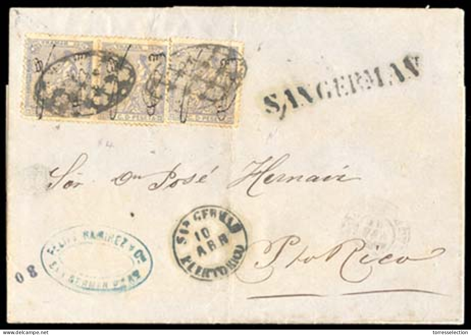 PUERTO RICO. 1875 (Abril 9). Ed. 4º (3). San German A San Juan. Carta Con Franqueo Emision 1874 Habilitado 25cts Azul (x - Puerto Rico