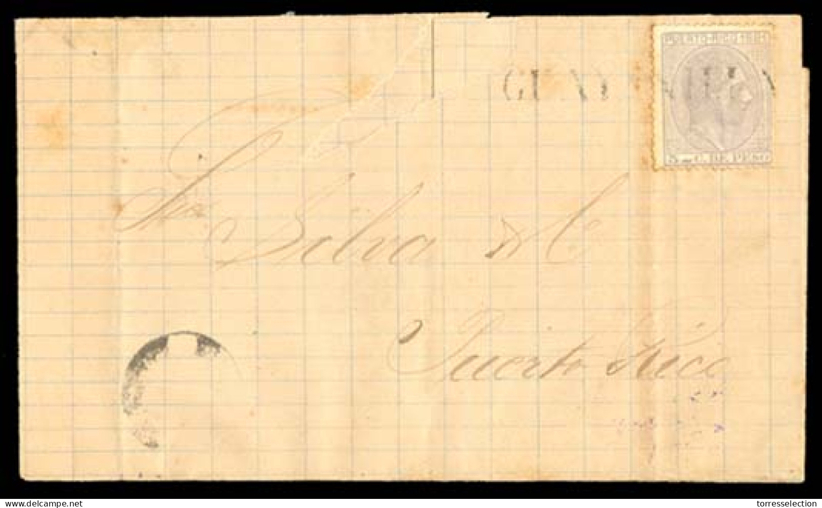 PUERTO RICO. 1881 (9 Feb.). Ed. 51º. Guayanilla A San Juan. Envuelta. Trozo Rasgado En Centro Superior. Franqueo 5c Gris - Porto Rico