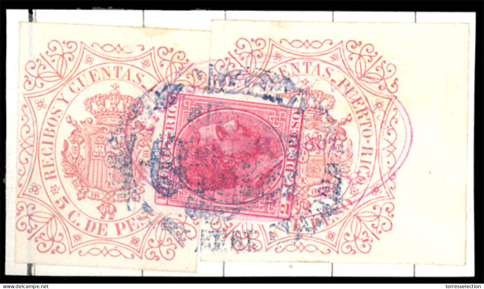 PUERTO RICO. Sello Sobre Fragmento, Con Pólizas Recibos Y Ctas 5c Castaño-rojo. Marca Oval Fiscal En Azul Con Escudo, Bo - Puerto Rico