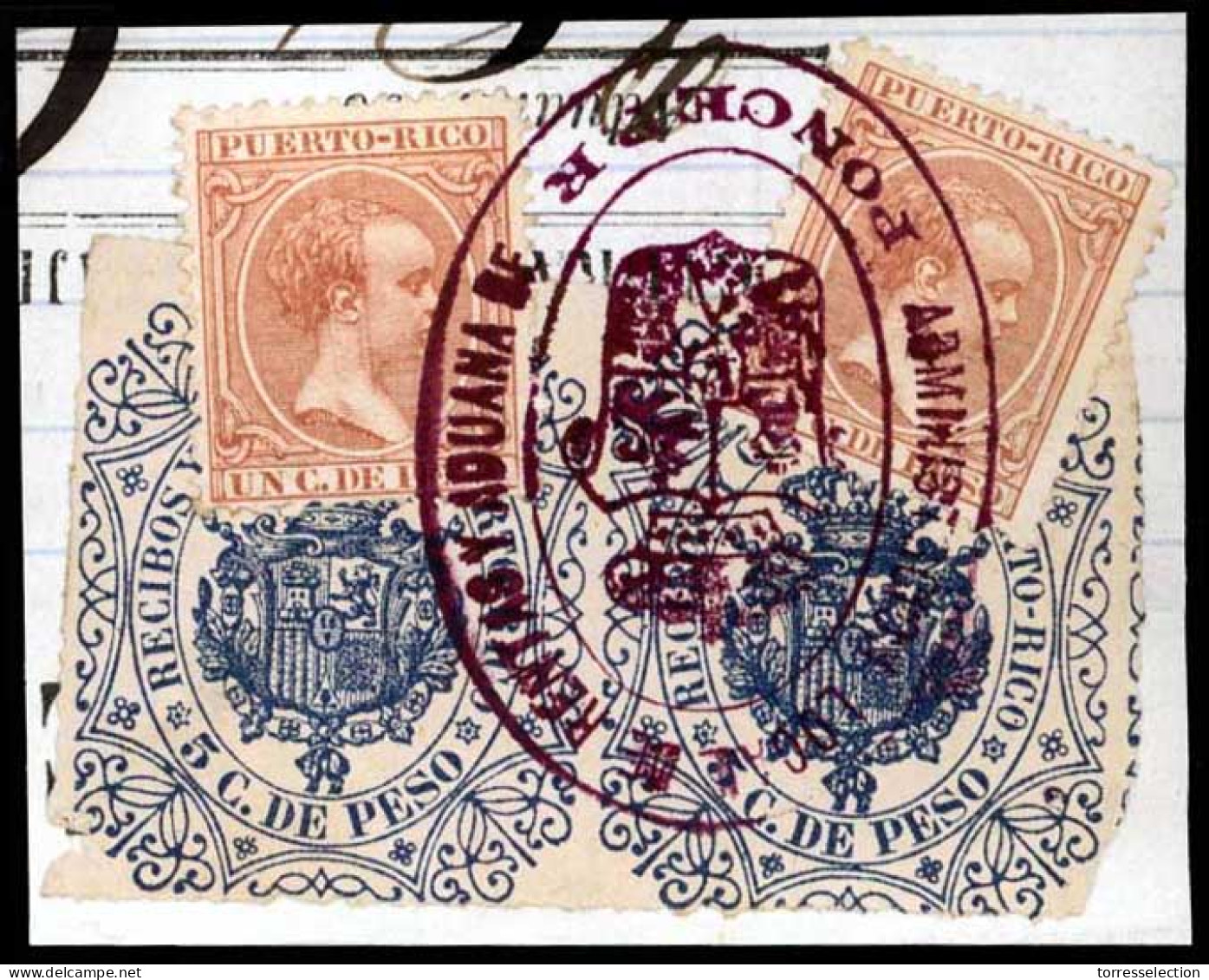 PUERTO RICO. Sellos Sobre Fragmento Con Pólizas 5c Azul De Recibos Y Ctas. Marca Oval Administrativa De "PONCE" (P.R.).  - Porto Rico