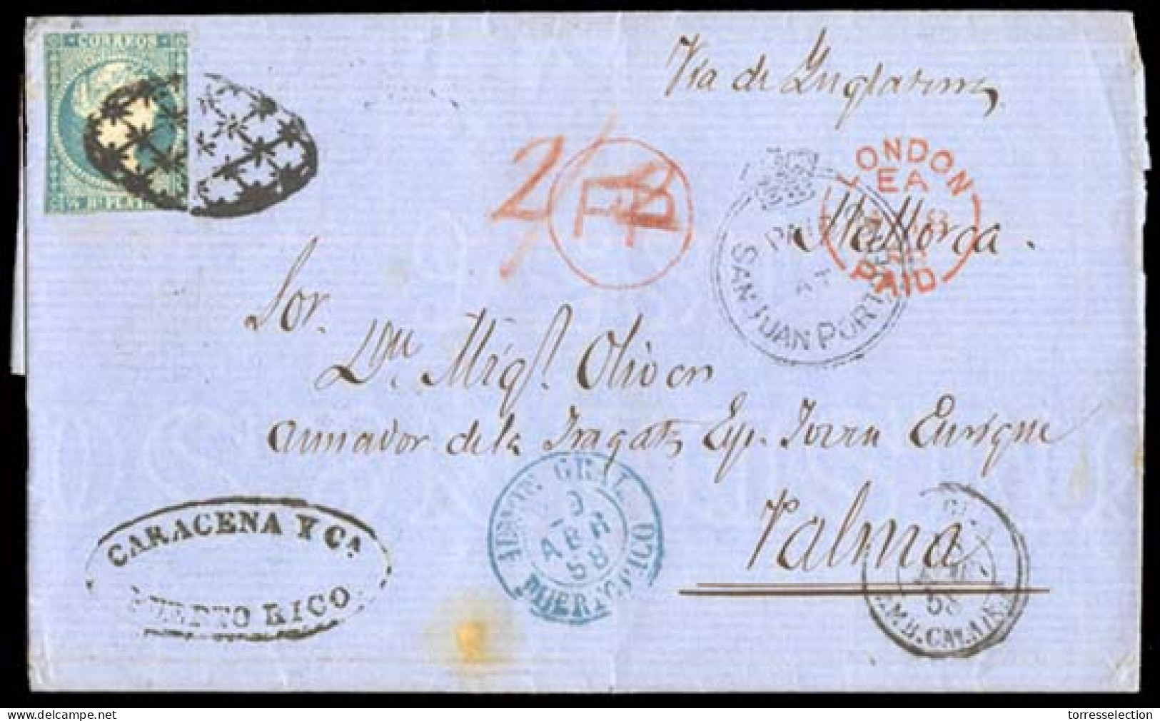 PUERTO RICO. 1858 (20 Abril). PUERTO RICO - BPO Abroad - BALEARES ISLANDS. Antillas Ed. 4º. San Juan A Palma (Islas Bale - Porto Rico