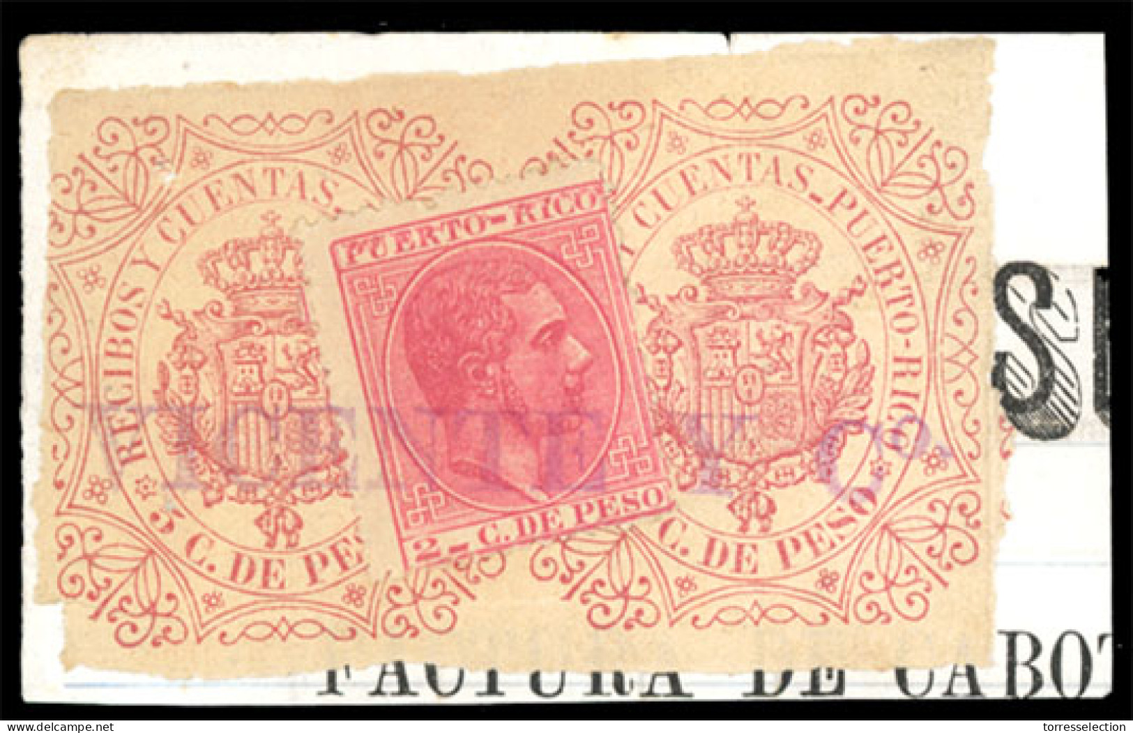 PUERTO RICO. Sello Sobre Fragmento Con Póliza De Recibos Y Ctas, 5c En Castaño-rojo. Marca Comercial Lineal "Vicente & C - Puerto Rico