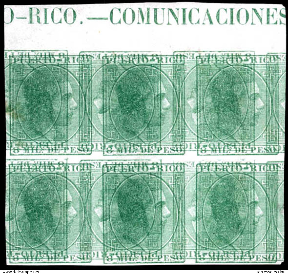 PUERTO RICO. PRUEBA. Bloque De 6. 8m.verde Amarillo. Doble Impresión E Invertida. Con Membrete De Hoja Pto.Rico-Comunica - Puerto Rico