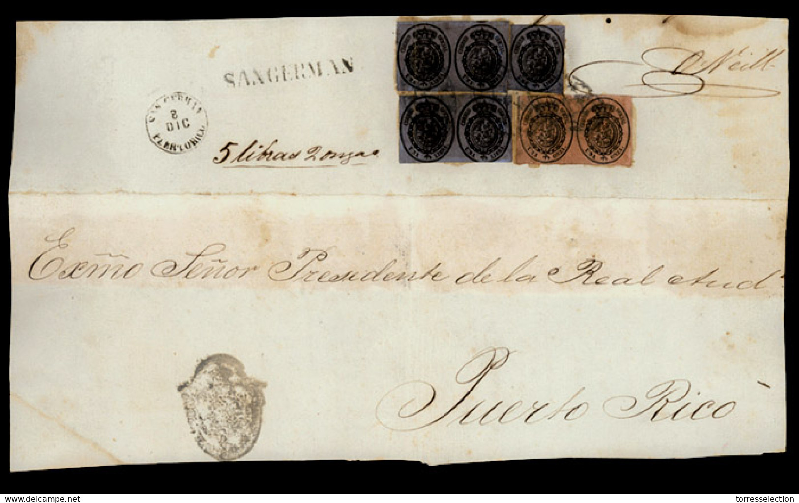 PUERTO RICO. C 1855. EMISION DE CORREO OFICIAL. Plica De San Germán A San Juan Con Pareja De Una Onza Y Dos Parejas De U - Porto Rico