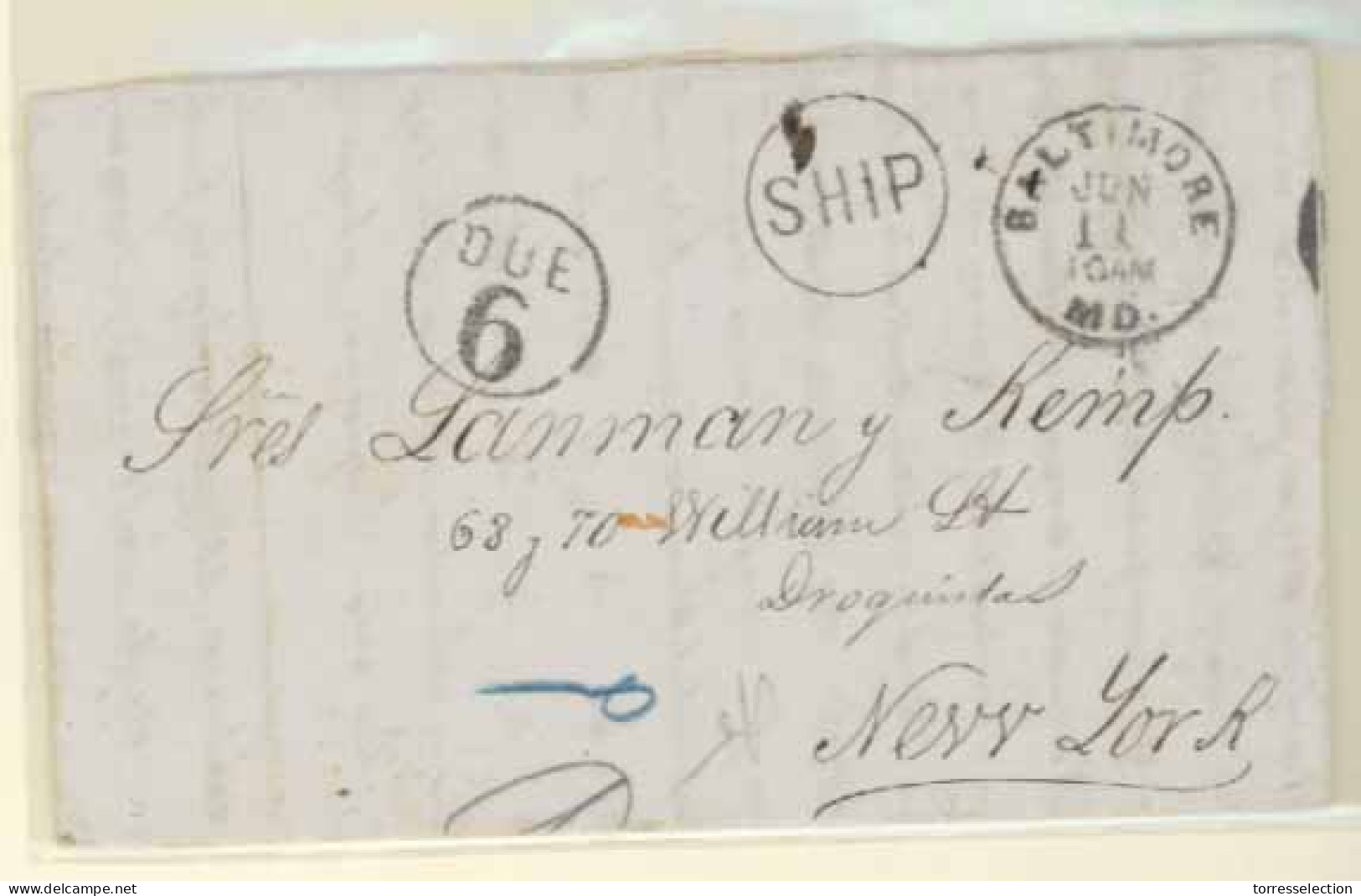 PUERTO RICO. 1872. Porto Rico To New York. E.L. With Marks "Baltimore/MD" C.d.s., "Ship" In Circle And "Due 6" In Circle - Porto Rico