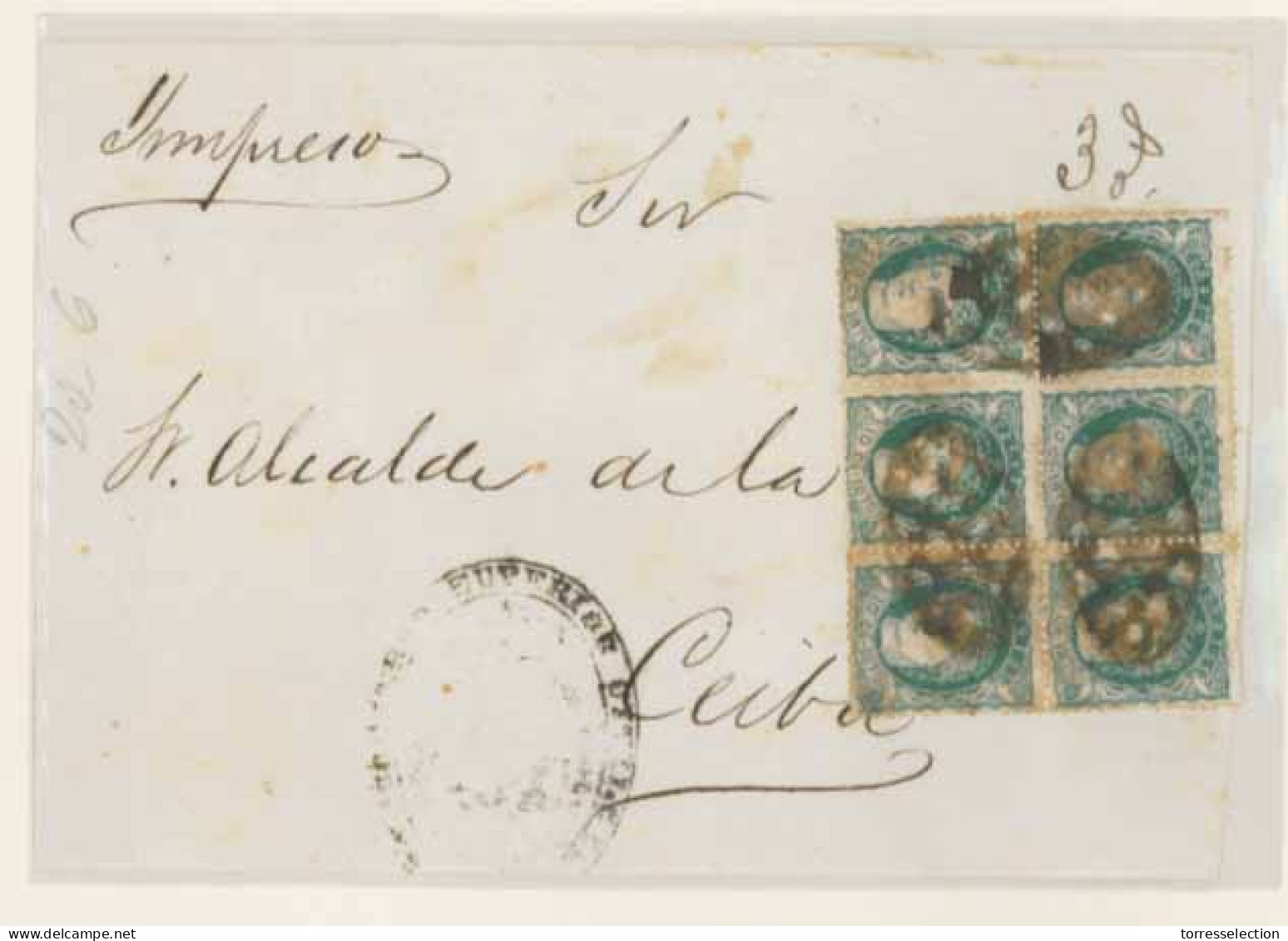 PUERTO RICO. C. 1870. 19 (x6). San Juan A Ceiba. Plica Franqueada Con 10cts. Verde Emisión Antillas 1870 BLOQUE DE SEIS, - Puerto Rico