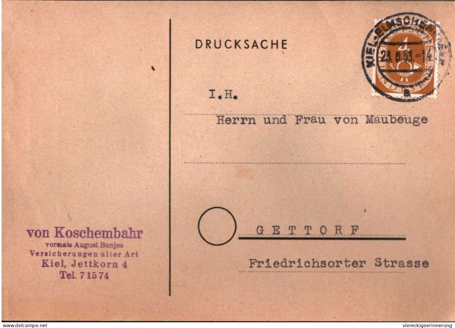 ! EF Nr. 124, 4 Pfennig Posthorn, Drucksache Aus Kiel Elmschenhagen Nach Gettorf - Storia Postale