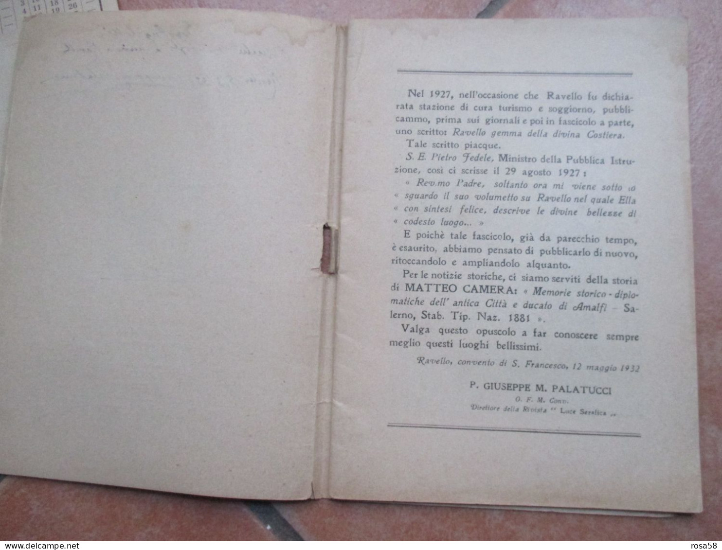 1932 P.M.GIUSEPPE PALATUCCI Ravello Gemma Della Divina Costiera  A Cura LUCE SERAFICA Firma Autografa - Religione