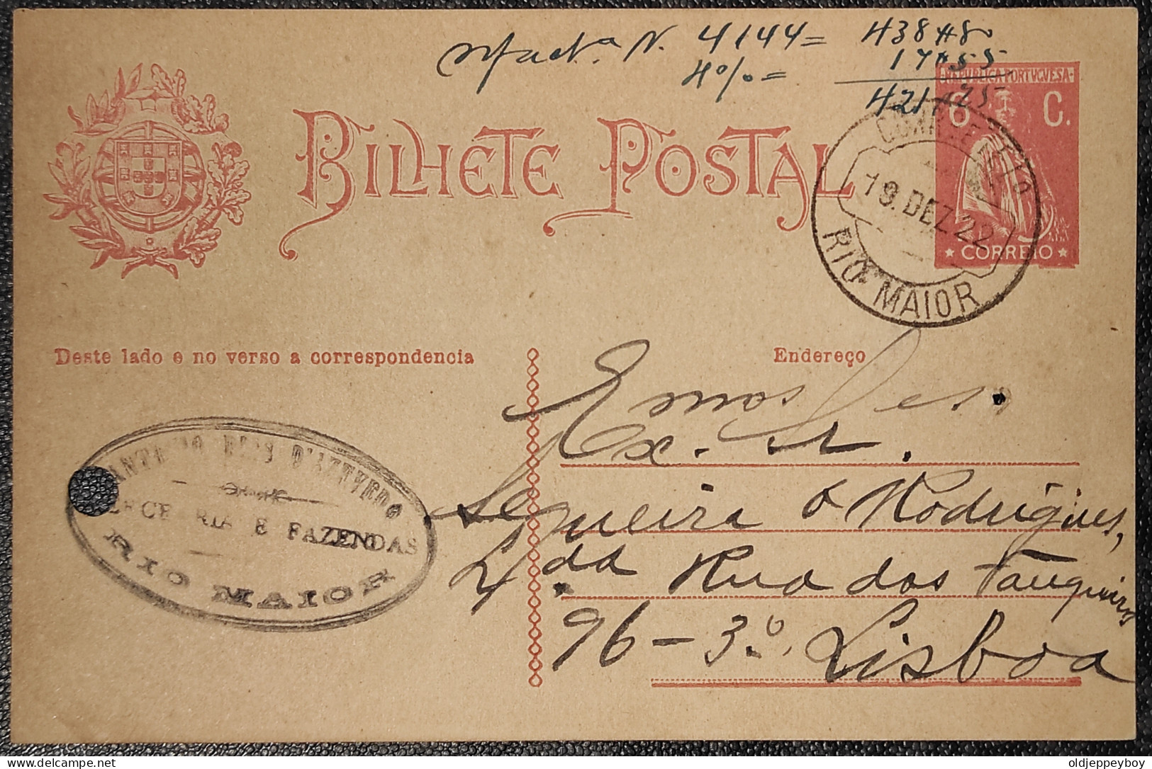 1922 Portugal POSTAL STATIONERY  Bilhete Postal, RIO MAIOR TO LISBOA COM CARIMBO COMERCIAL MARCEARIA E FAZENDAS - Lettres & Documents